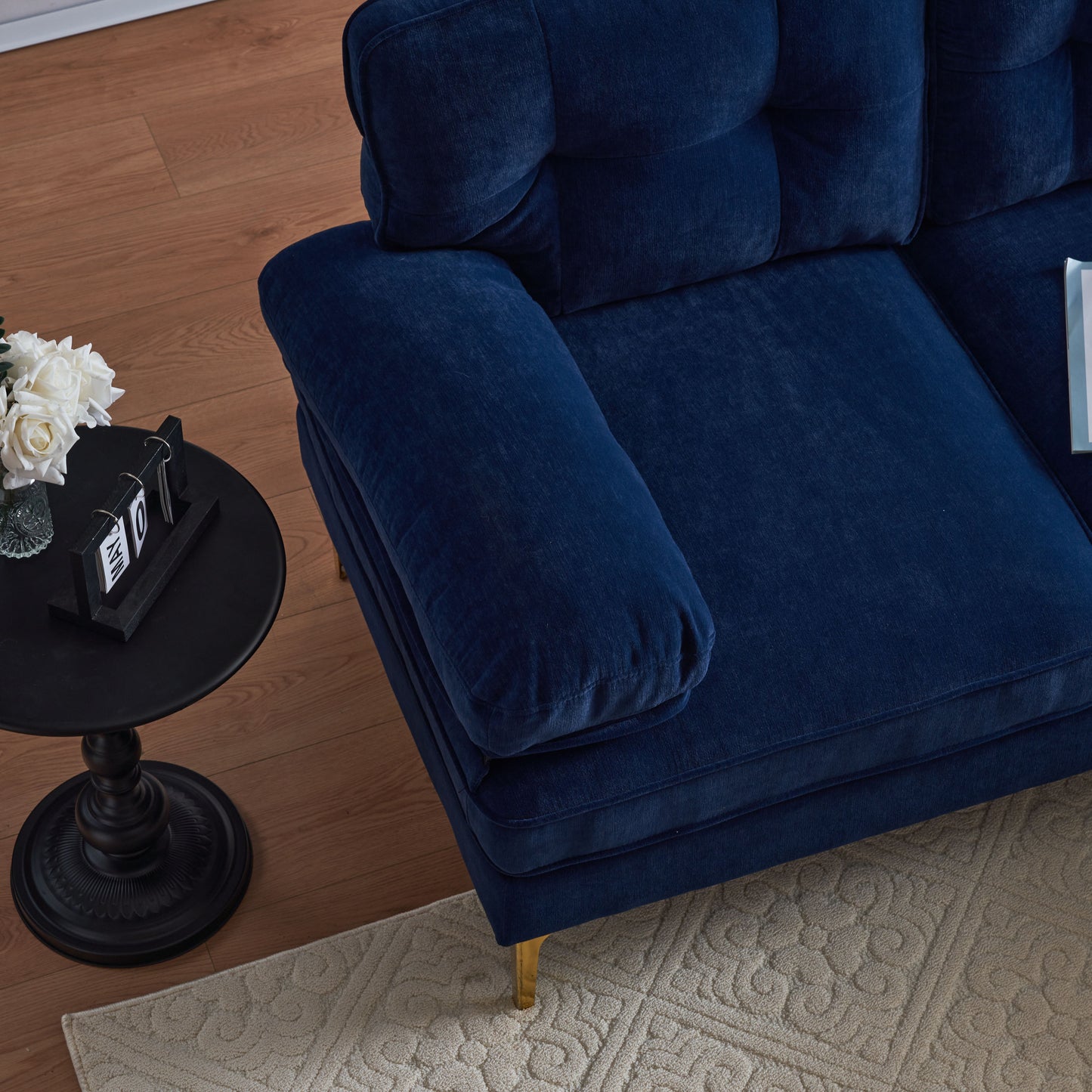 83 Blue Velvet L-Shaped Sectional Sofa with Mid-Century Modern Vibes