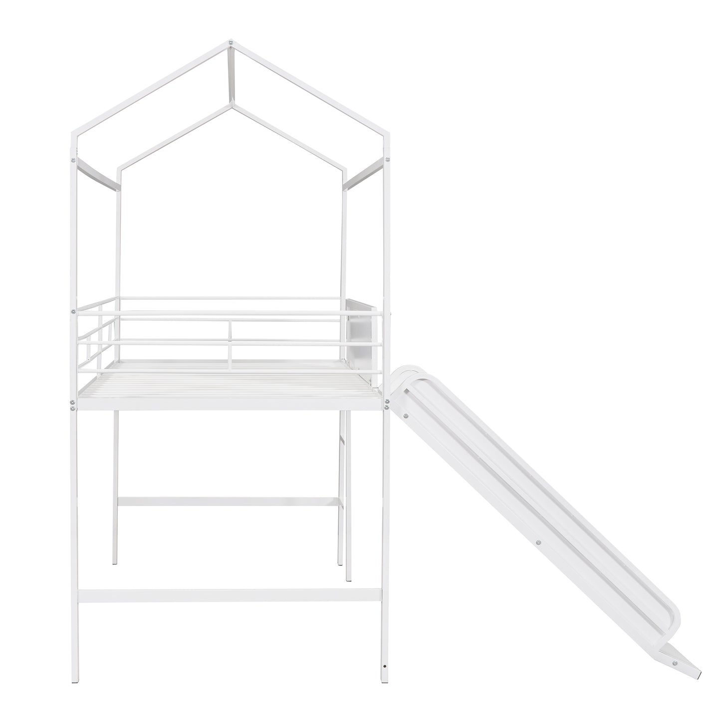 Metal House Bed With Slide, Twin Size Metal Loft Bed with Two-sided writable Wooden Board (White )