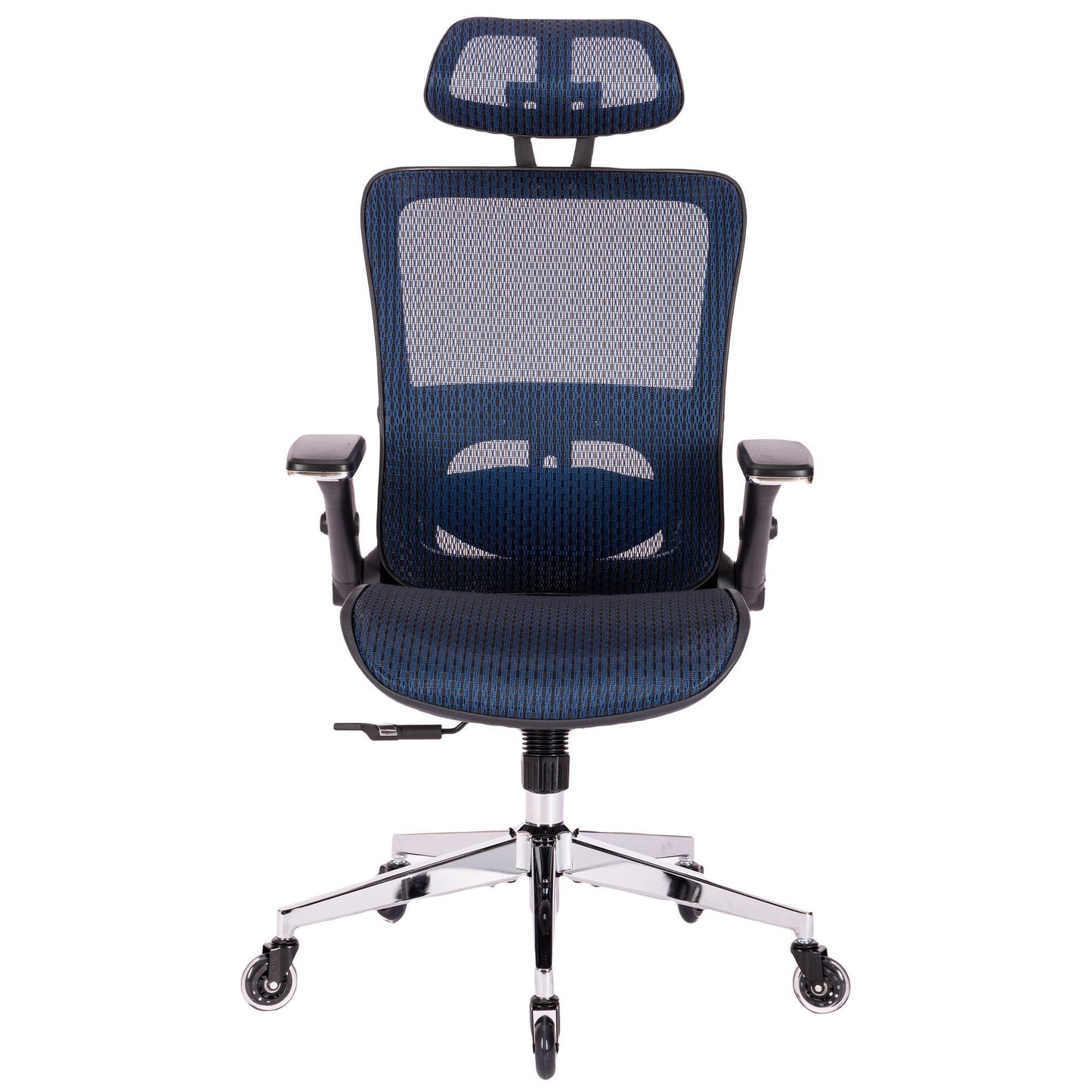 BLUE Ergonomic Mesh Office Chair, High Back - Adjustable Headrest with Flip-Up Arms, Tilt and lock Function, Lumbar Support and blade Wheels, KD chrome metal legs