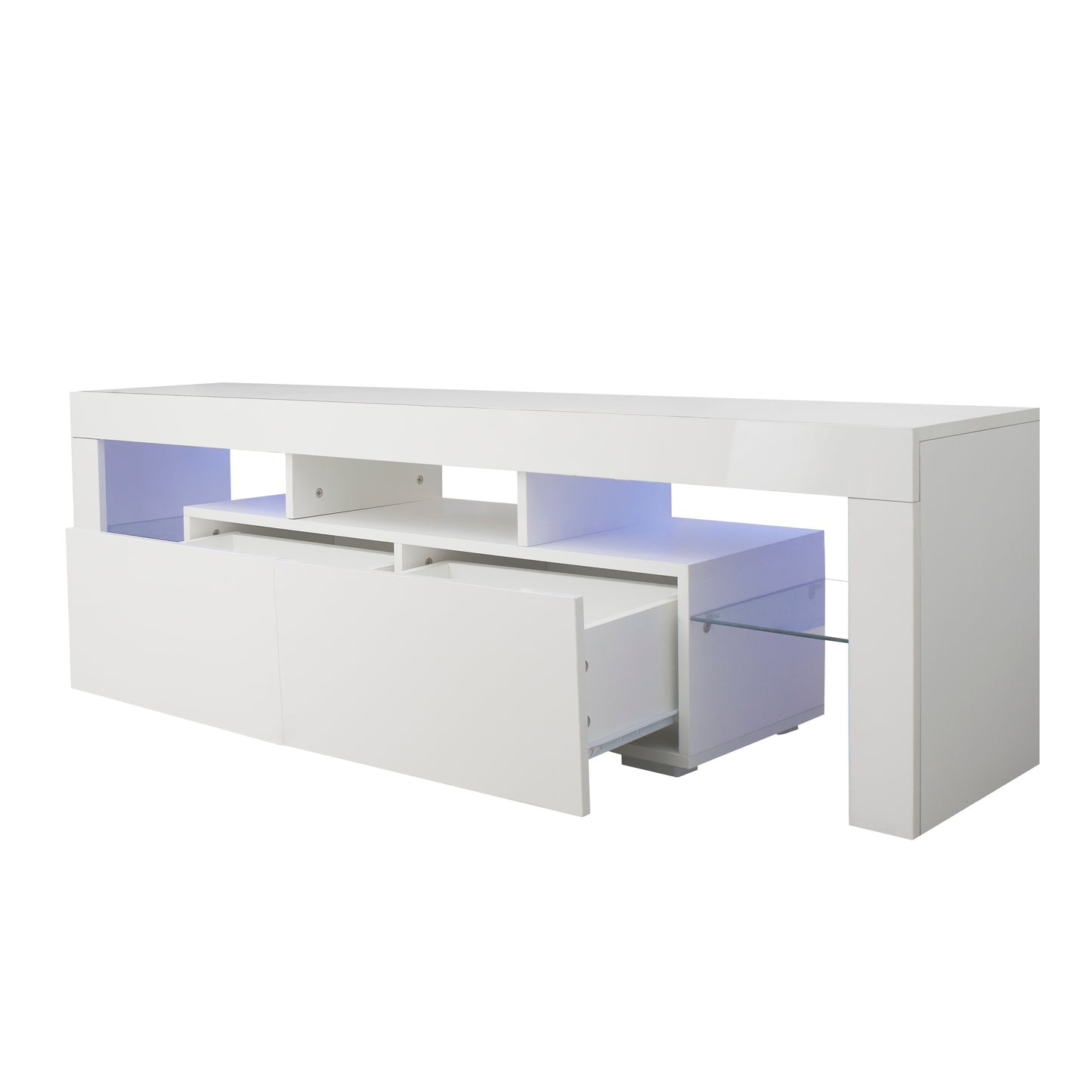 LED TV Stand with Remote Controlled Lights in Modern White, 20 Color Options