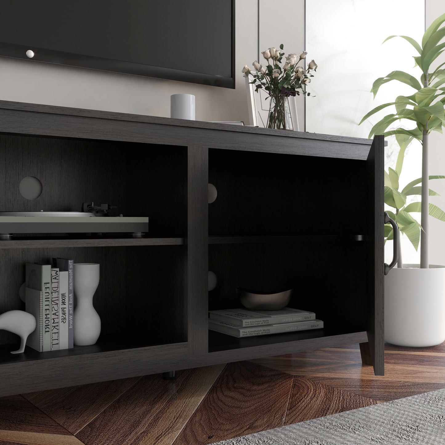 Traditional Black TV Stand with Spacious Storage and Durable Design