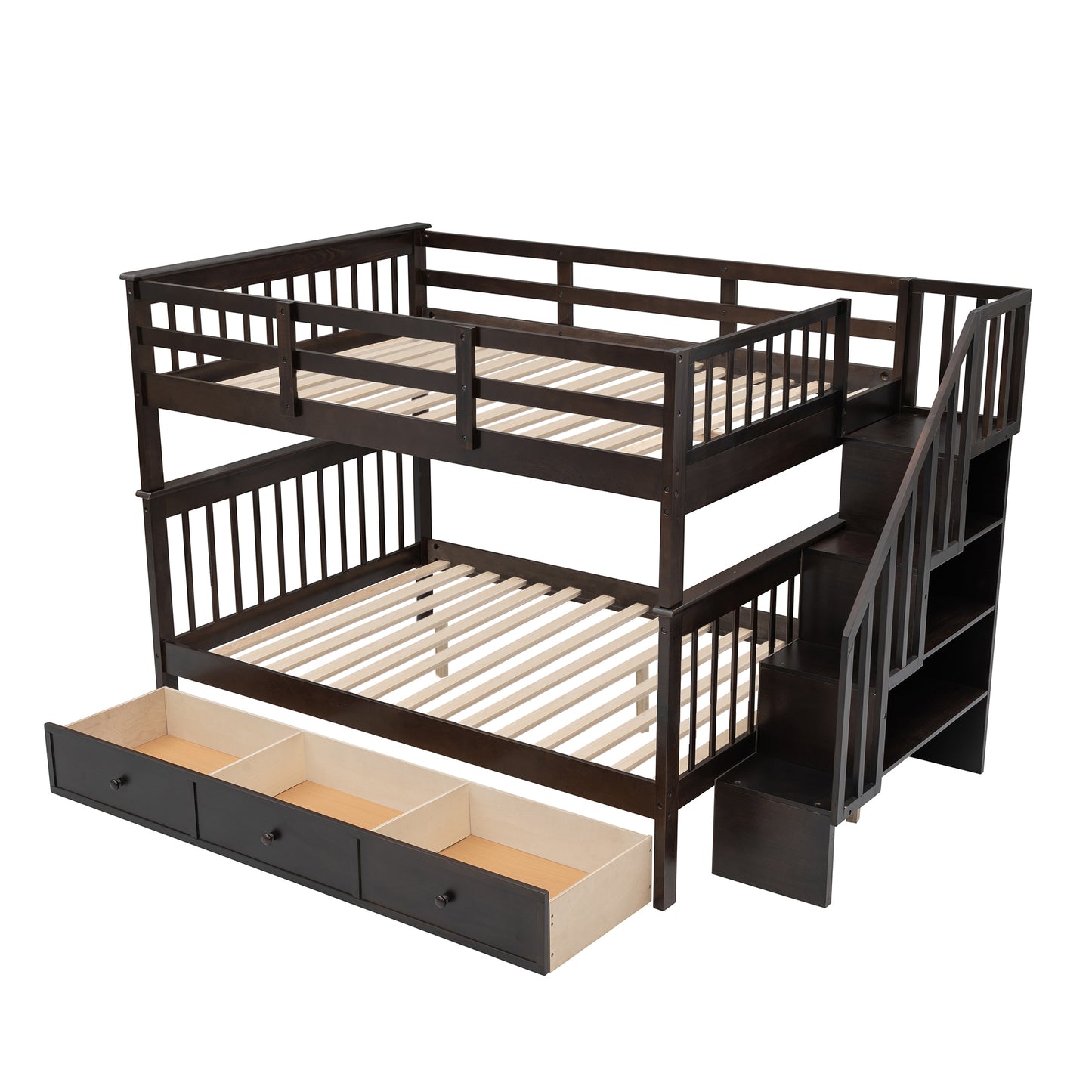 Espresso Wooden Staircase Bunk Bed with Storage and Drawer