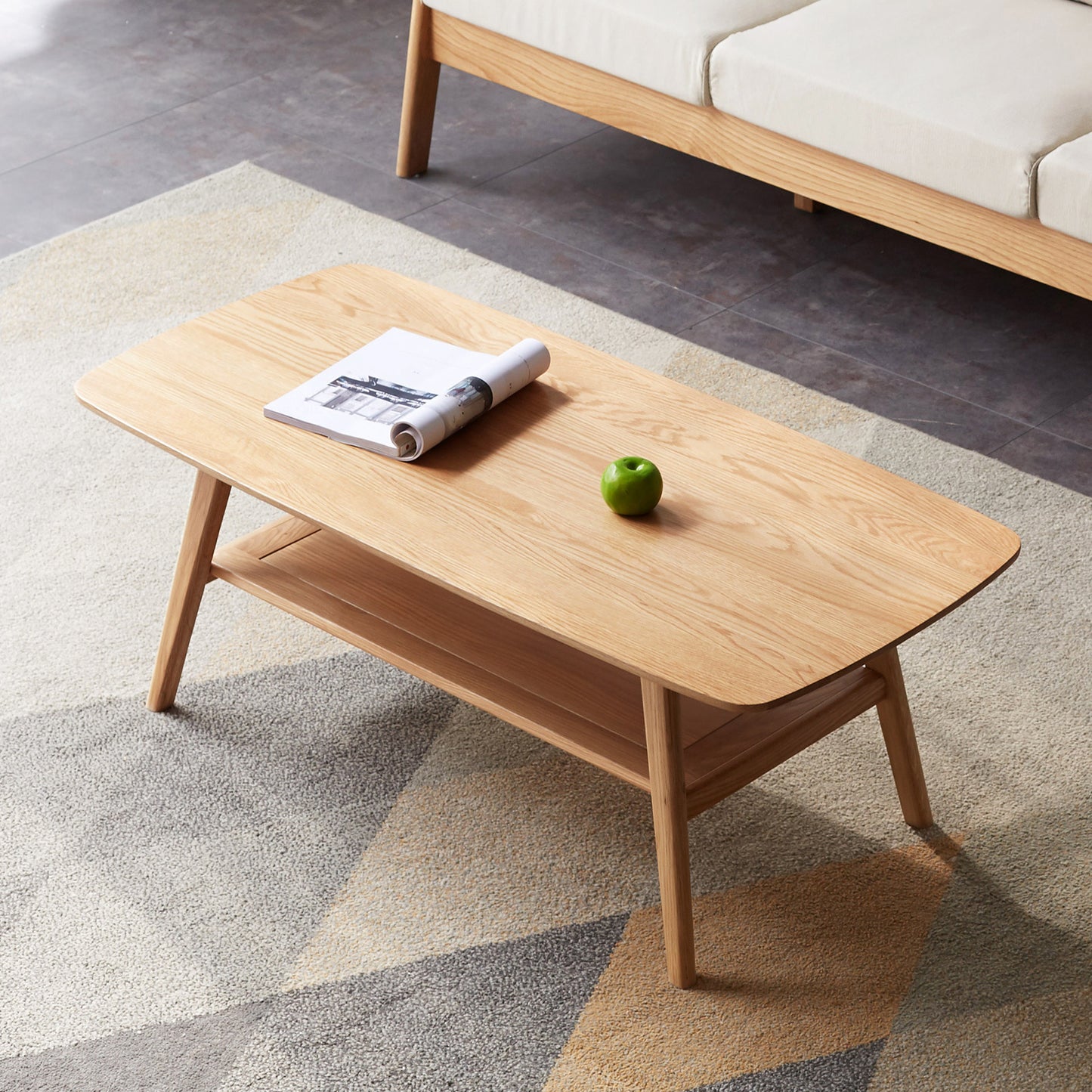 Natural Oak Wood Two-Tier Coffee Table with Dual-Layer Storage Shelf