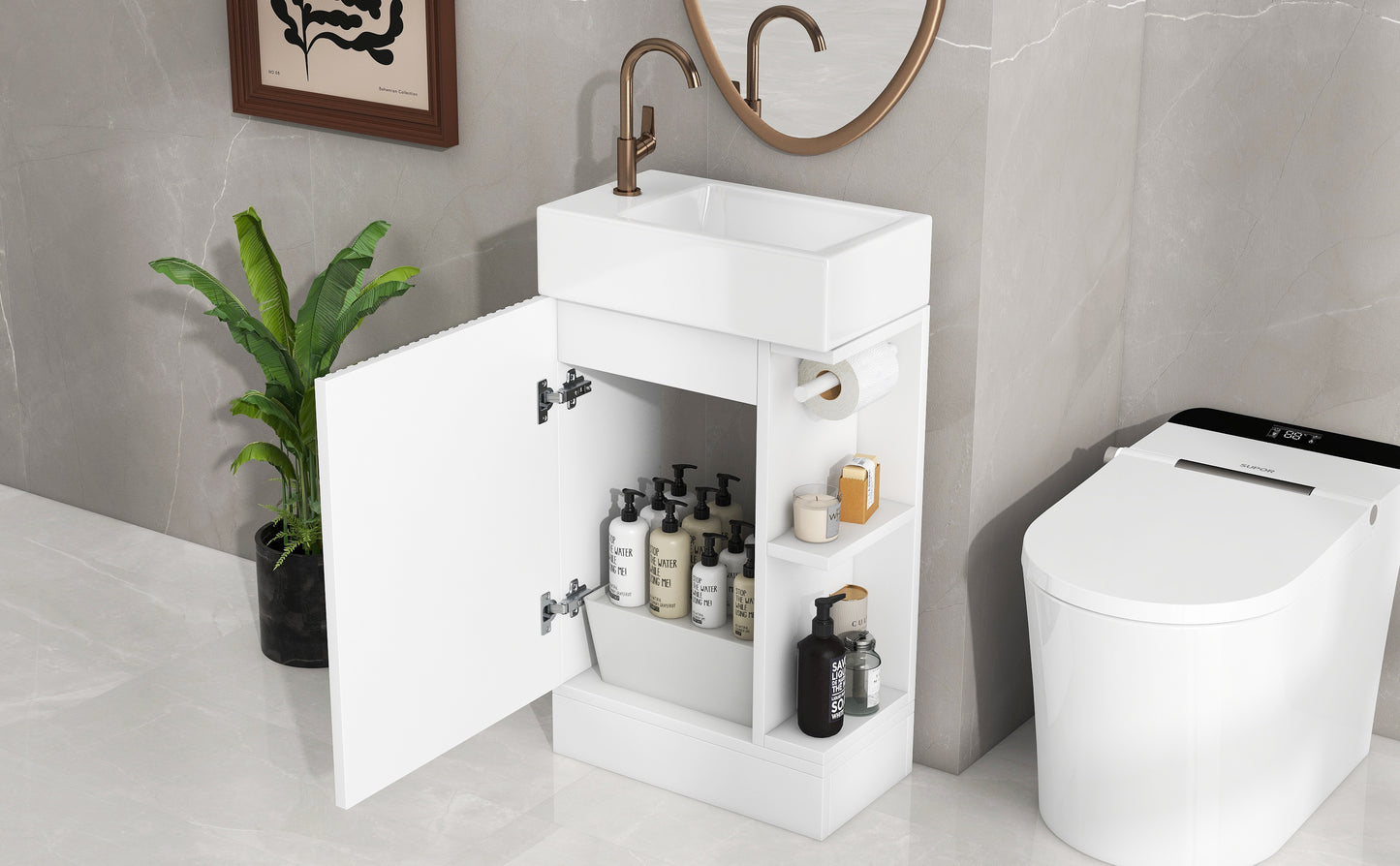 18.6" Bathroom Vanity with Sink, Bathroom Vanity Cabinet with Two-tier Shelf, Left or Right Orientation, White