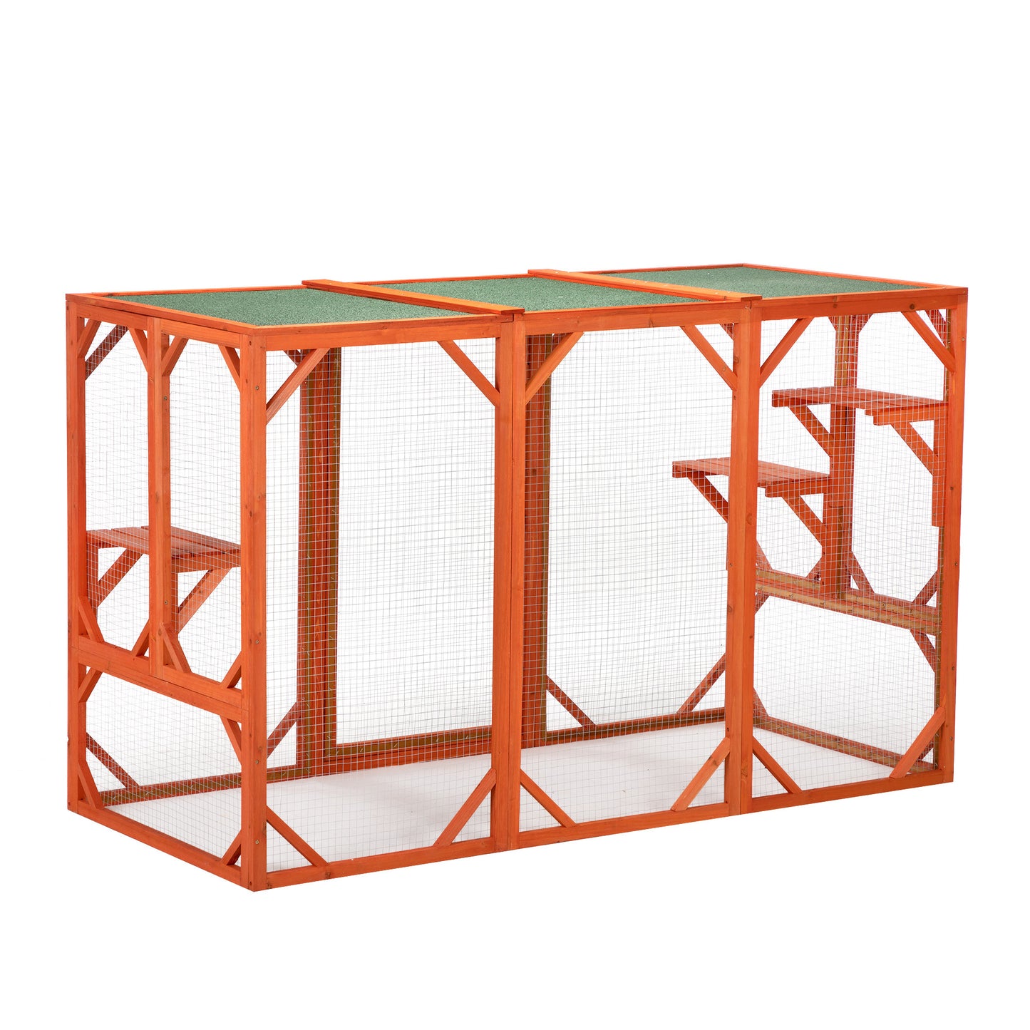 Wooden Cat House, Outdoor Cat Cage with Water-proof Asphalt Planks and Cat Perches, Orange