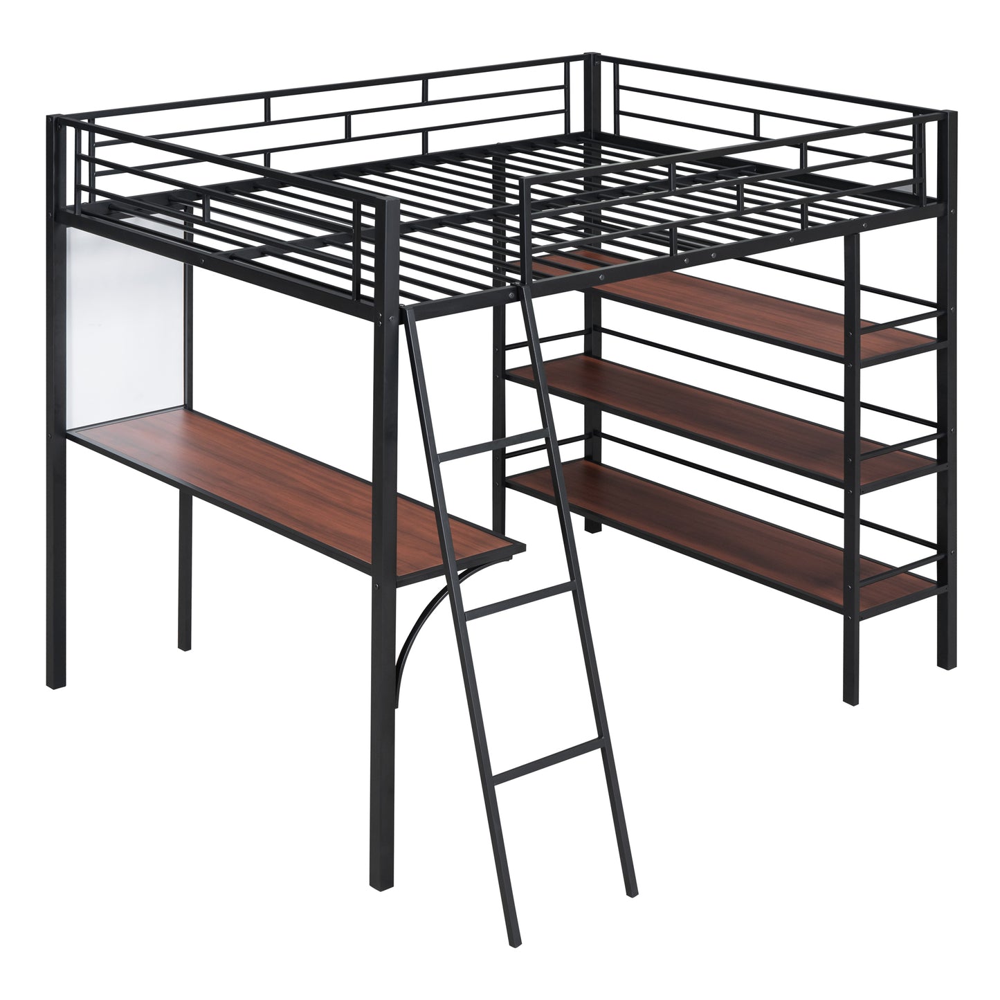 Full Size Loft Metal Bed with 3 Layers of Shelves and Desk, Stylish Metal Frame Bed with Whiteboard, Black