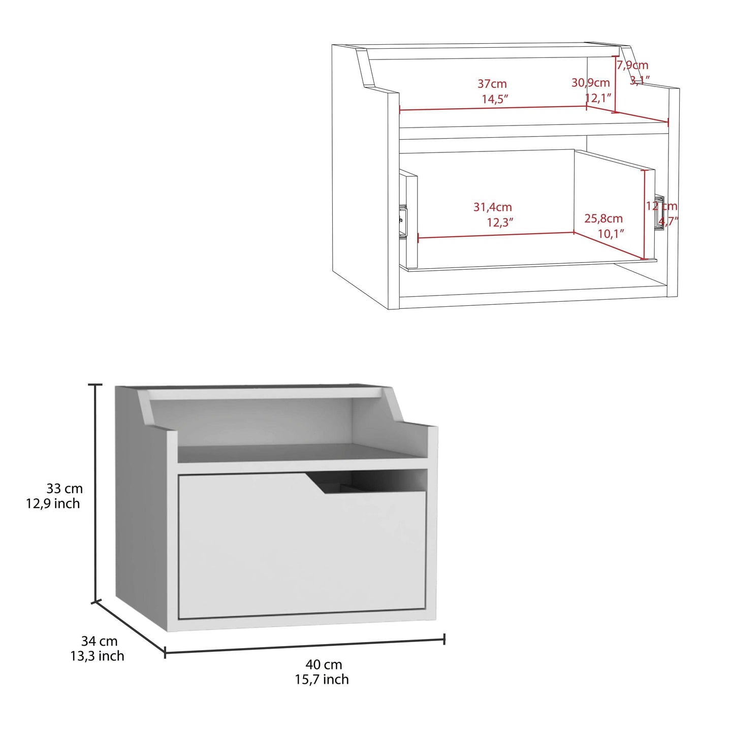 Busan Modern Floating Nightstand, Single-Drawer Design with Sleek Two-Tiered Top Shelf Surfaces- White - Bedroom