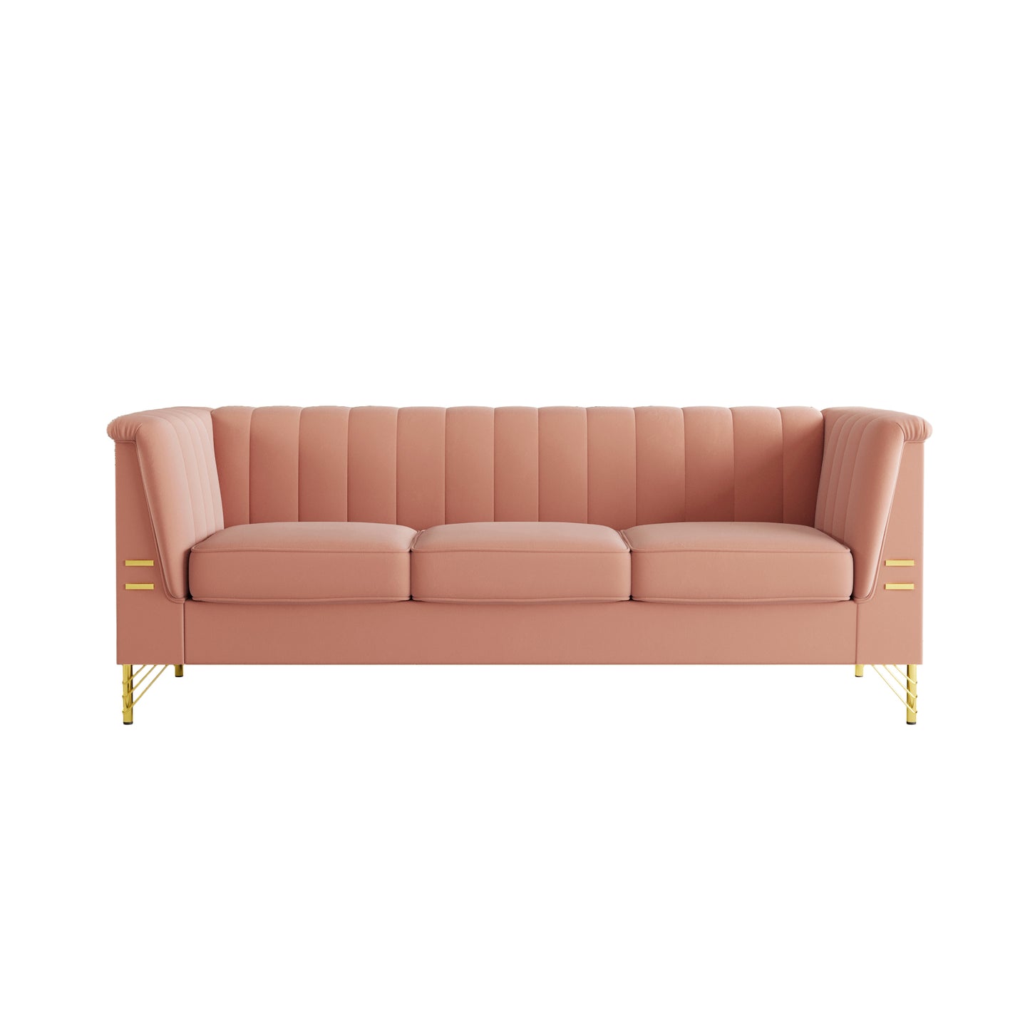 FX-P82-PK(SOFA)-Modern Designs Velvet Upholstered Living Room Sofa, 3 Seat Sofa Couch with  Golden Metal Legs for Home, Apartment or Office  Pink SOFA