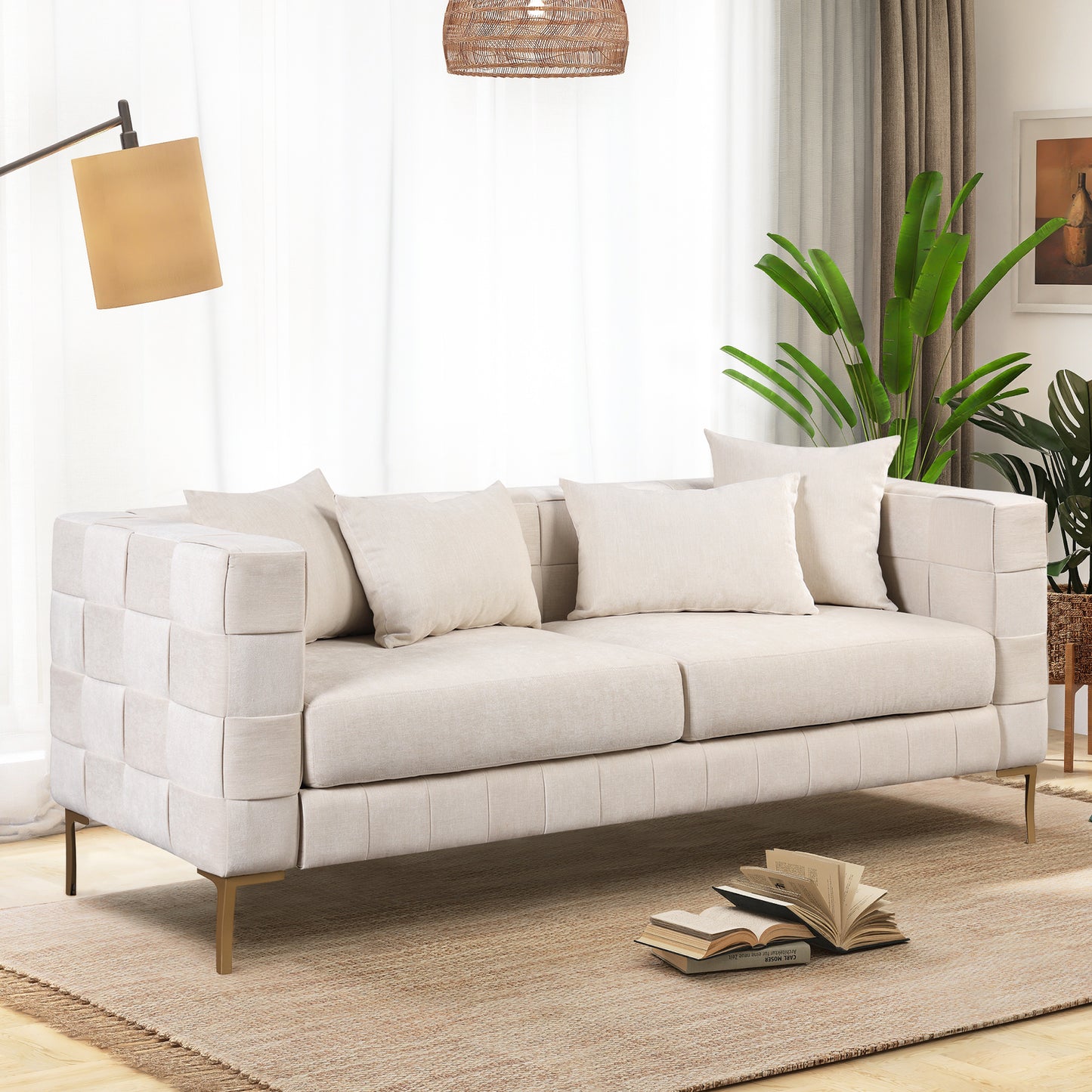 80.5 Modern Upholstered Sofa with Golden Metal Legs and Pillows