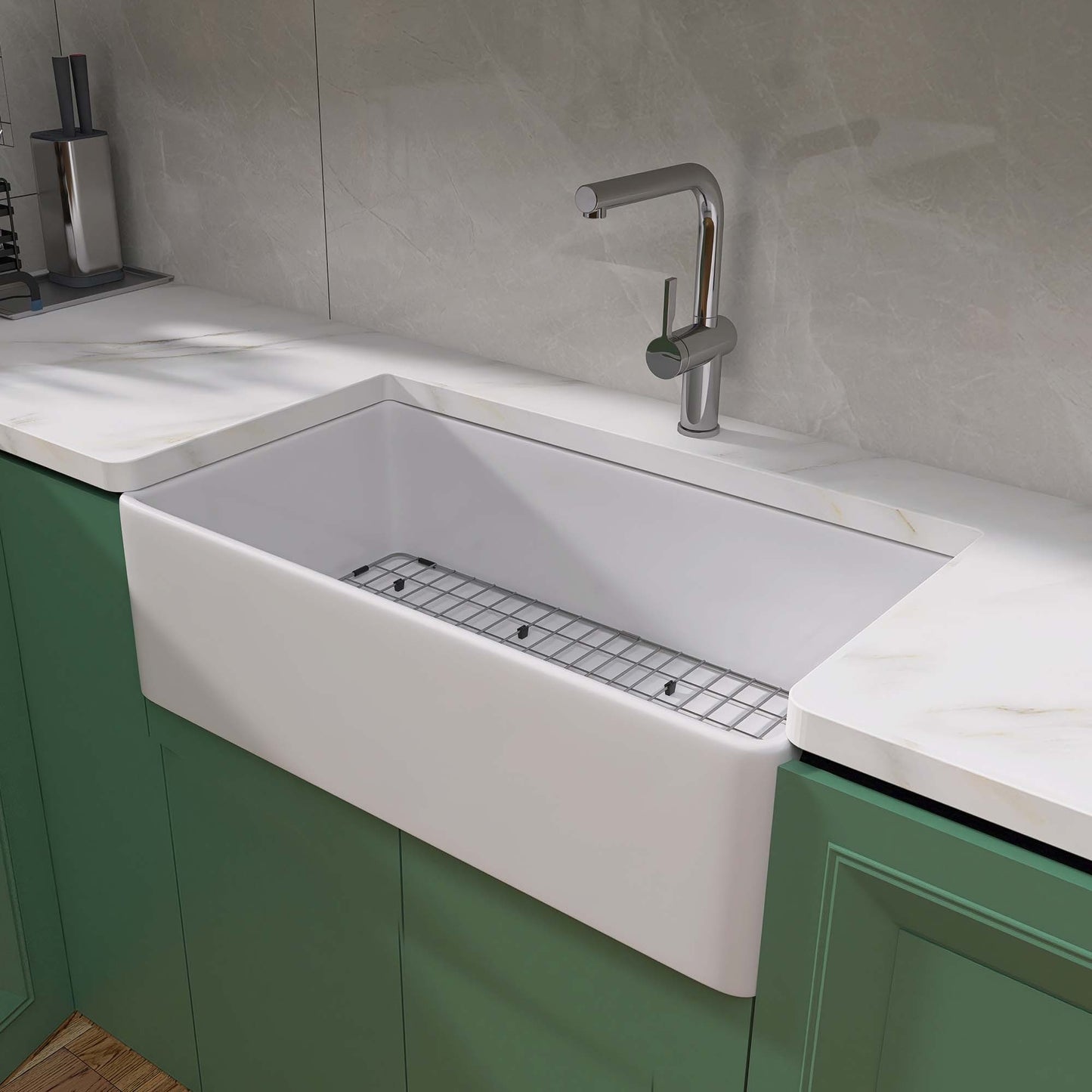 36 Inch Glossy White Fireclay Farmhouse Kitchen Sink with Bottom Grid and Drain