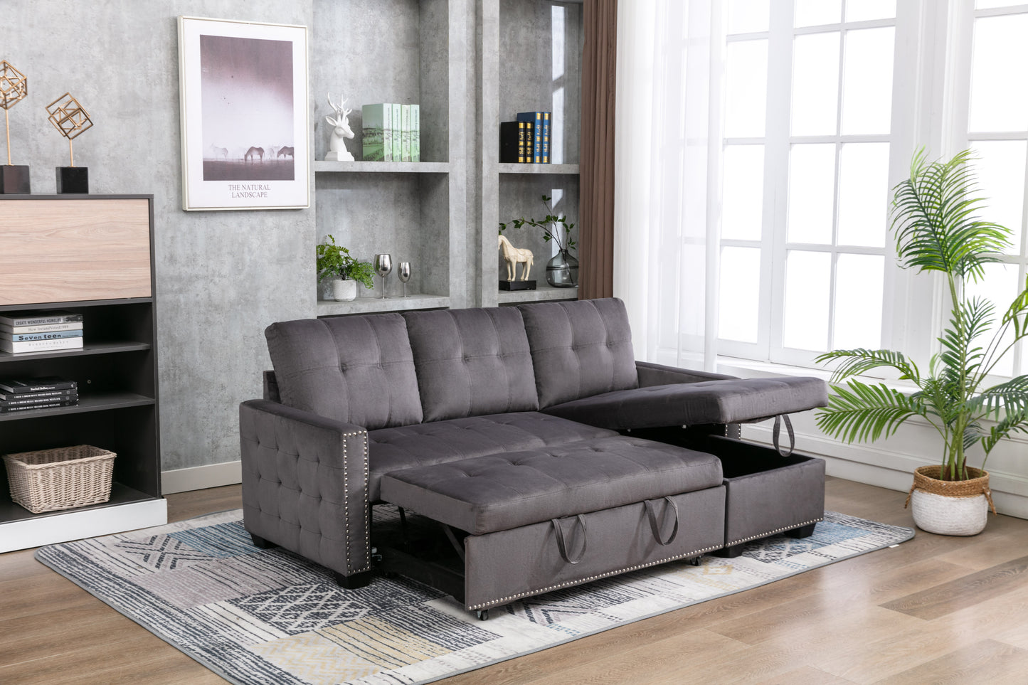 Luxurious Dark Grey Velvet L-Shape Sleeper Sectional Sofa Bed with Storage