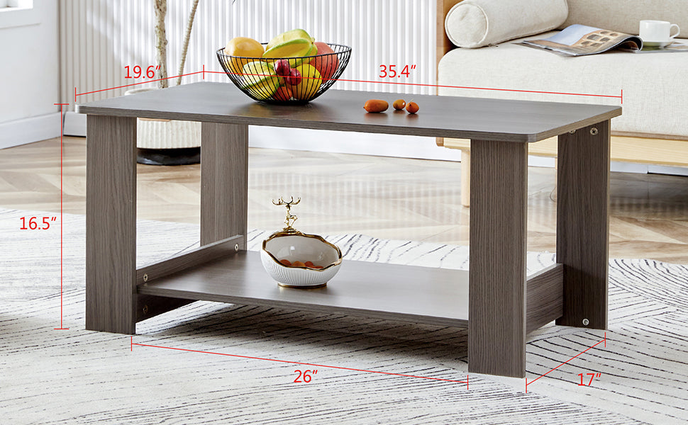 Elegant Gray Wood Grain Double Layered Rectangular Coffee Table, Perfect for Any Room