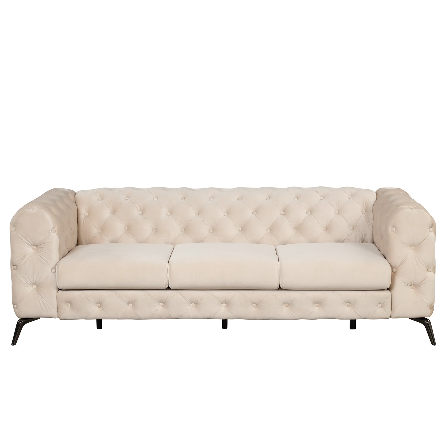 85.5 Beige Velvet Upholstered 3-Seater Sofa with Button Tufted Back