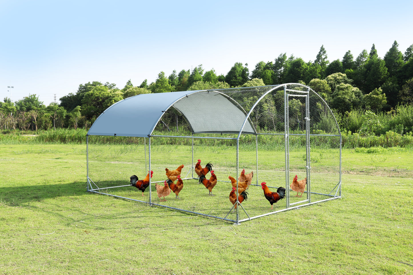 Large metal chicken coop upgrade three support steel wire impregnated plastic net cage, Oxford cloth silver plated waterproof UV protection, duck rabbit sheep bird outdoor house 9.2'W x 12.5'L x 6.5'H