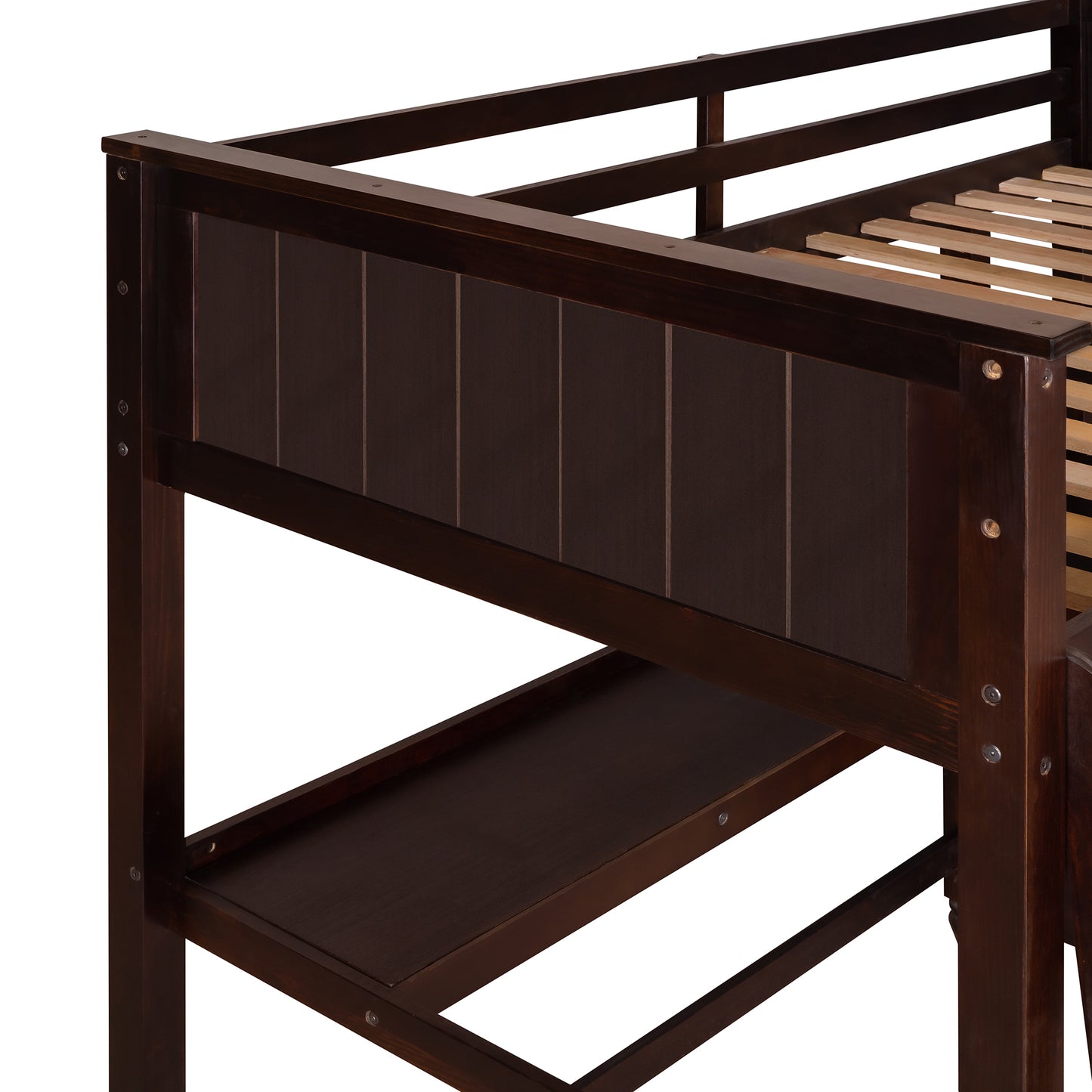 Twin size Loft Bed with Drawers and Desk, Wooden Loft Bed with Shelves - Espresso(: LT001530AAP)