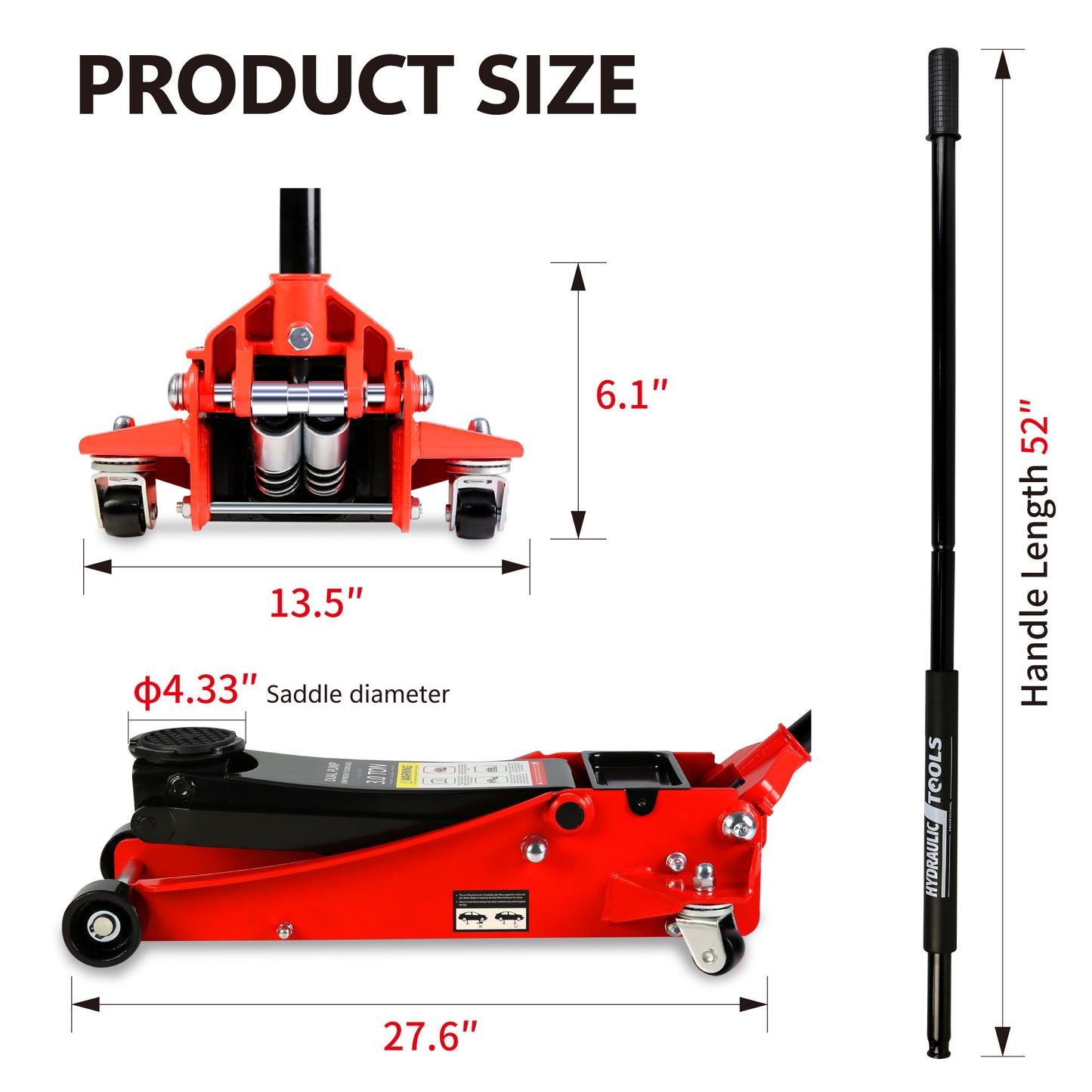 Ultra-Low Profile Dual Piston Hydraulic Car Jack, Red and Black, 3 Ton Capacity, Lifting Range 3.3-19.7