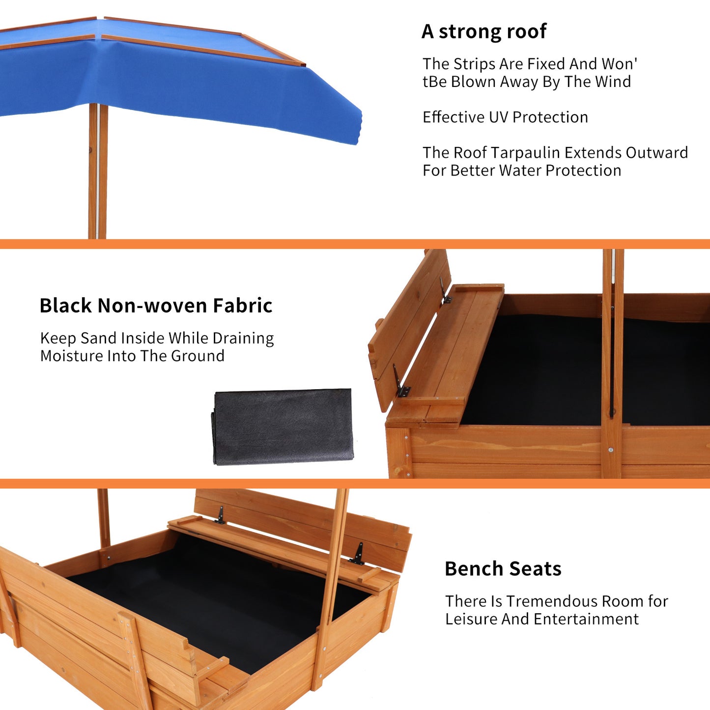 Wooden Sandbox with Adjustable Canopy and Bench Seats for Children 3-8 Years Old