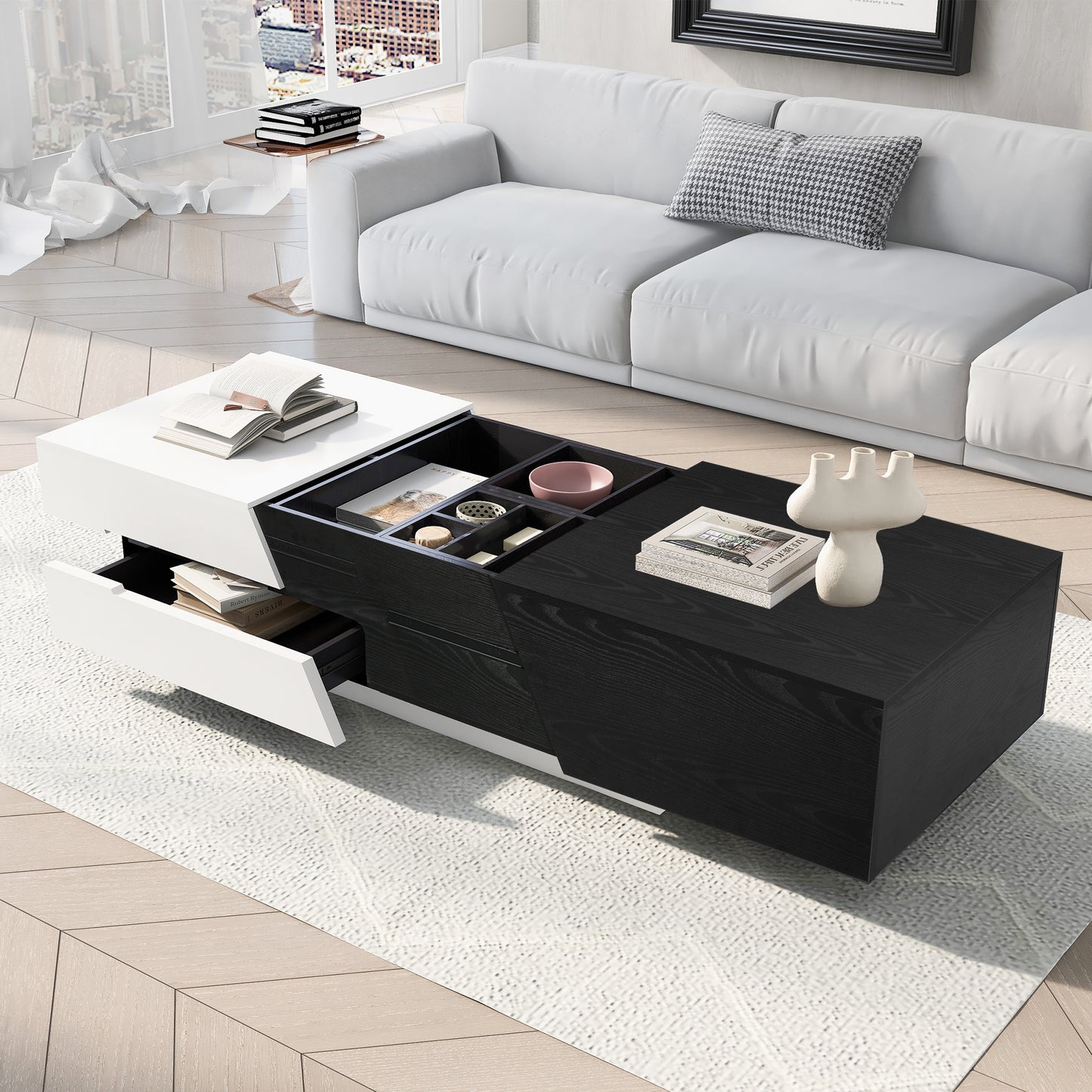 Sleek White and Black Sliding Top Coffee Table with Storage