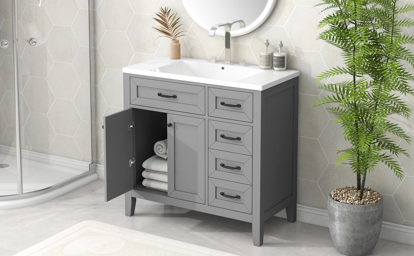 36" Bathroom Vanity with Sink Combo, Bathroom Cabinet with Drawers, Solid Frame and MDF Board, Grey