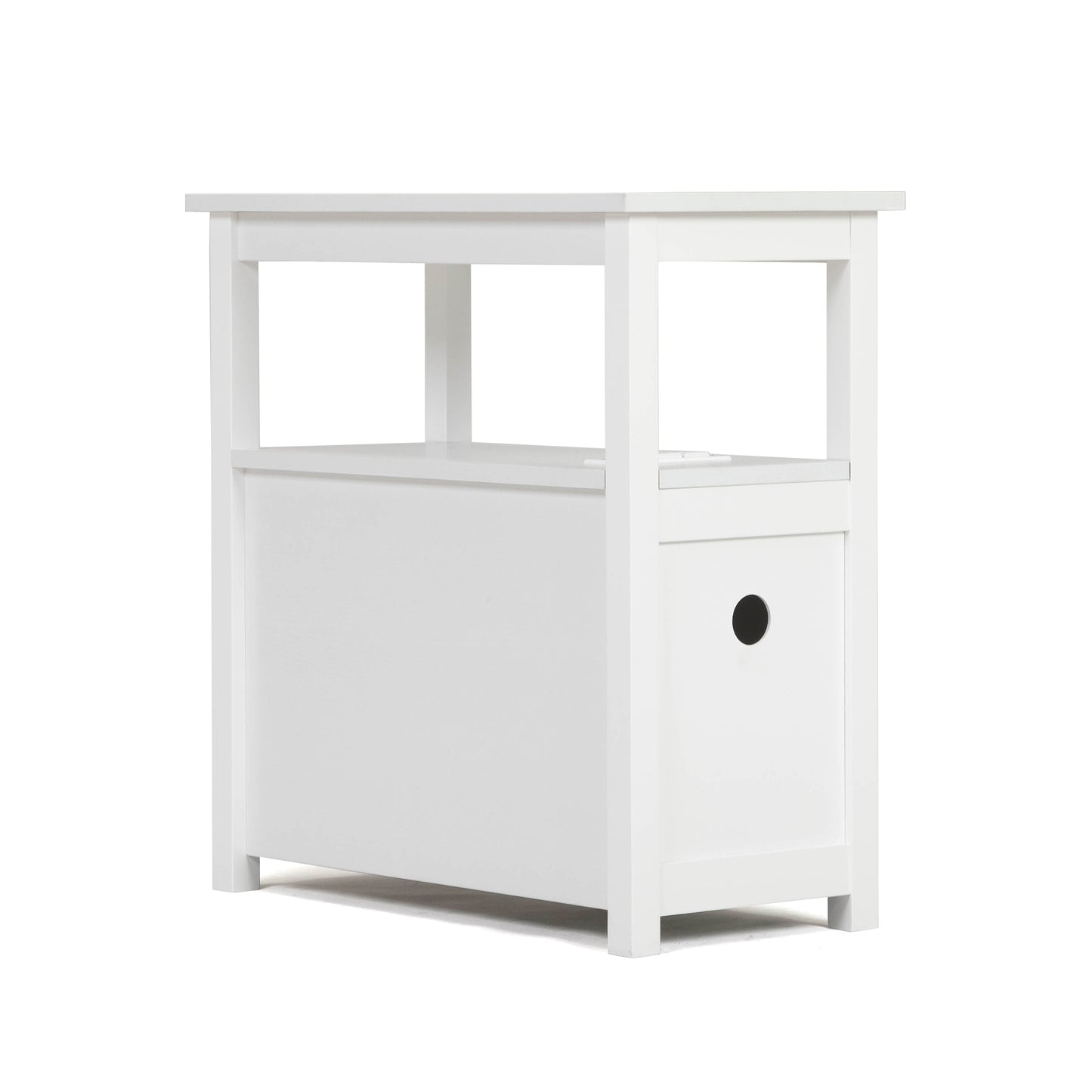 End Table with Charging Station, Narrow Sofa Side Table, Wooden Nightstand, Bedroom Living Room Furniture, White