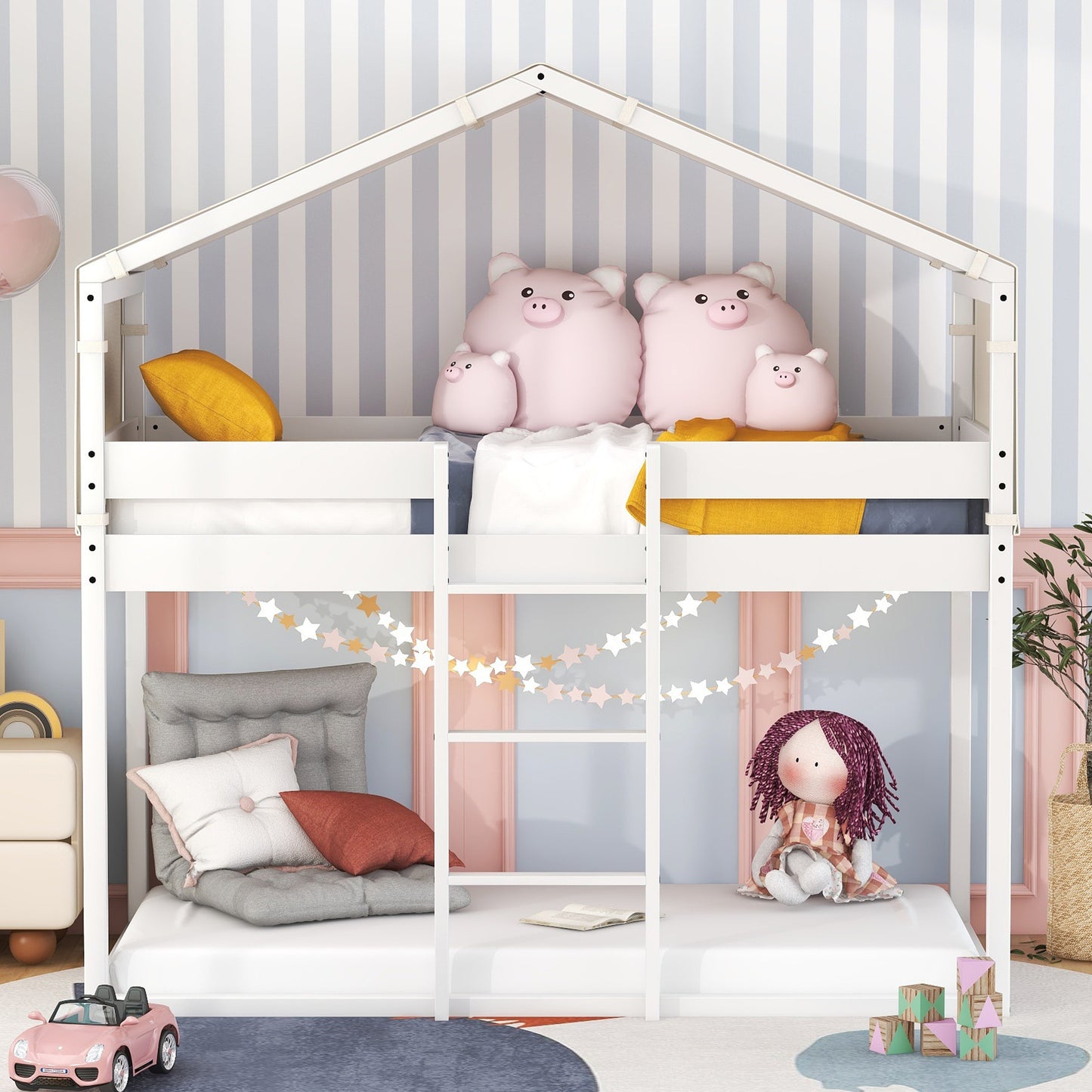 White House-Shaped Twin Over Twin Bunk Bed with Playhouse Tent