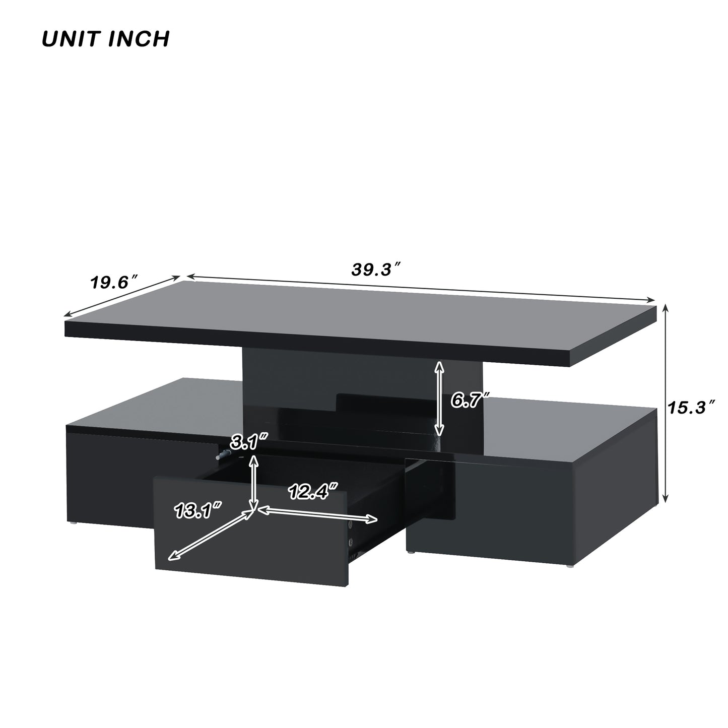 Glossy Black LED Coffee Table with Drawer and Double-Tiered Storage