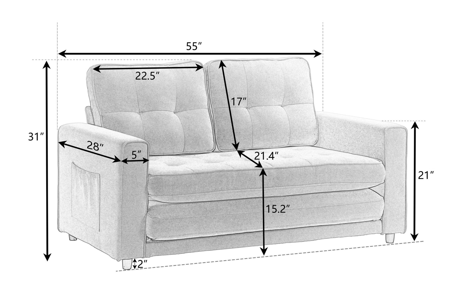 Convertible 3-Fold Sofa Bed with Side Storage, Velvet Linen Fabric