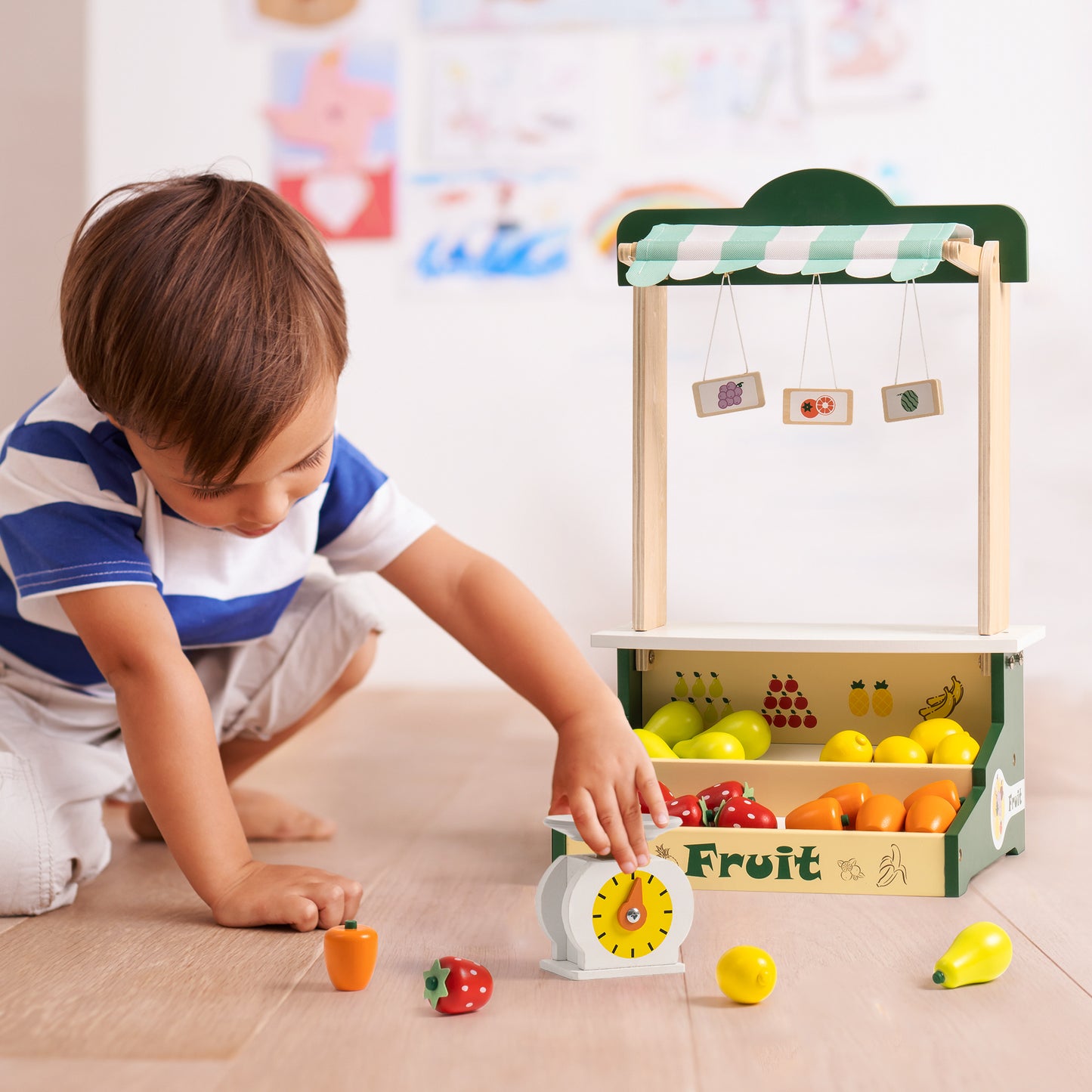 Wooden Toy Farmers Market Stand Fruit Stall - Pretend Play Grocery Store Set for Kids