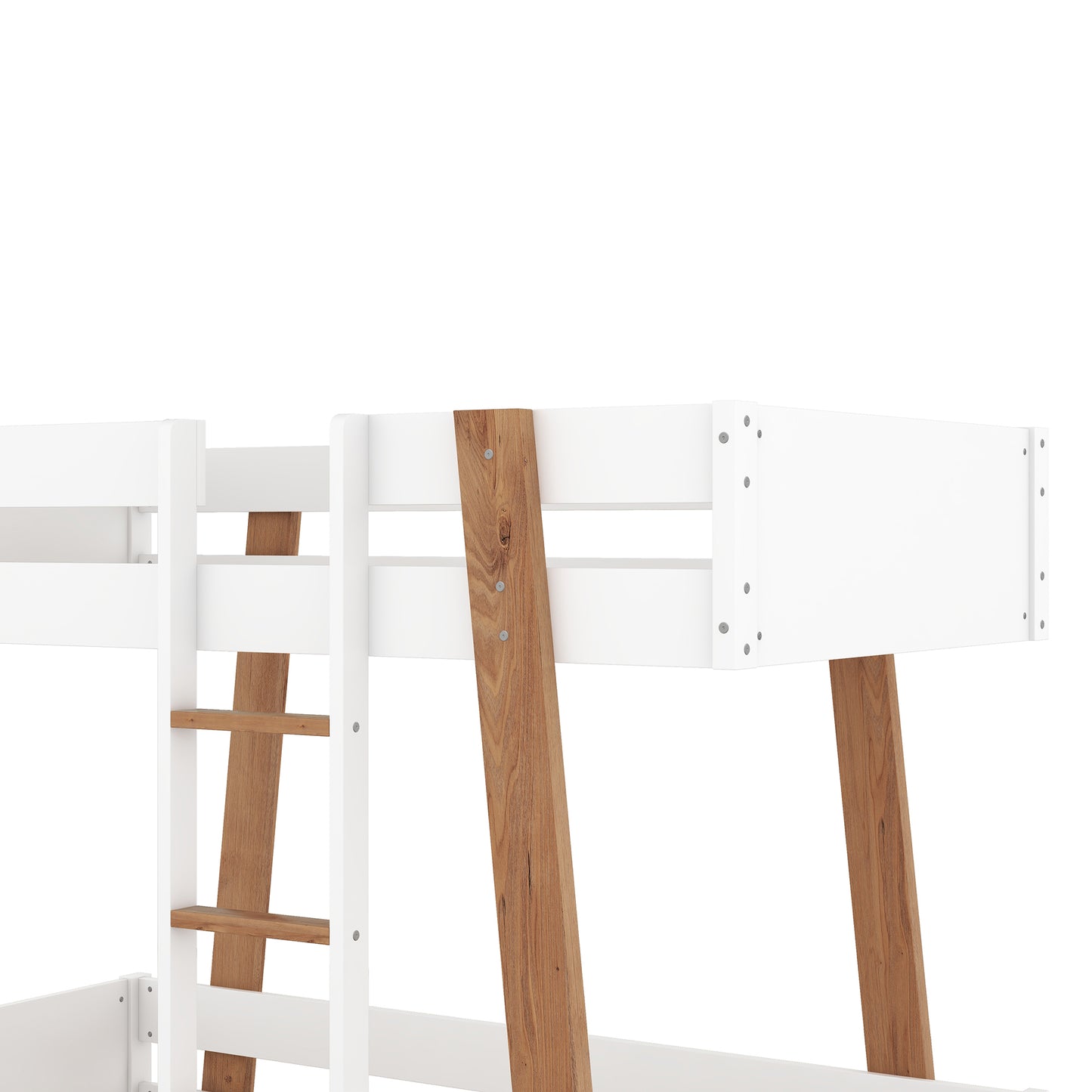 Rustic White Twin Size Bunk Bed with Wooden Columns and Attached Ladder