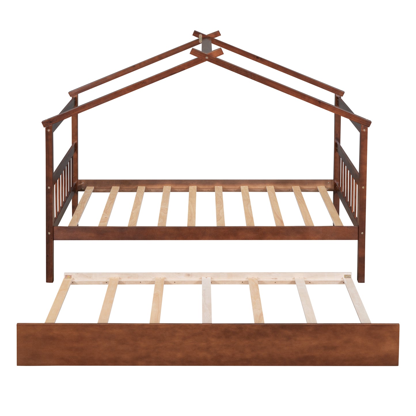 Twin Size Wooden House Bed with Twin Size Trundle, Walnut