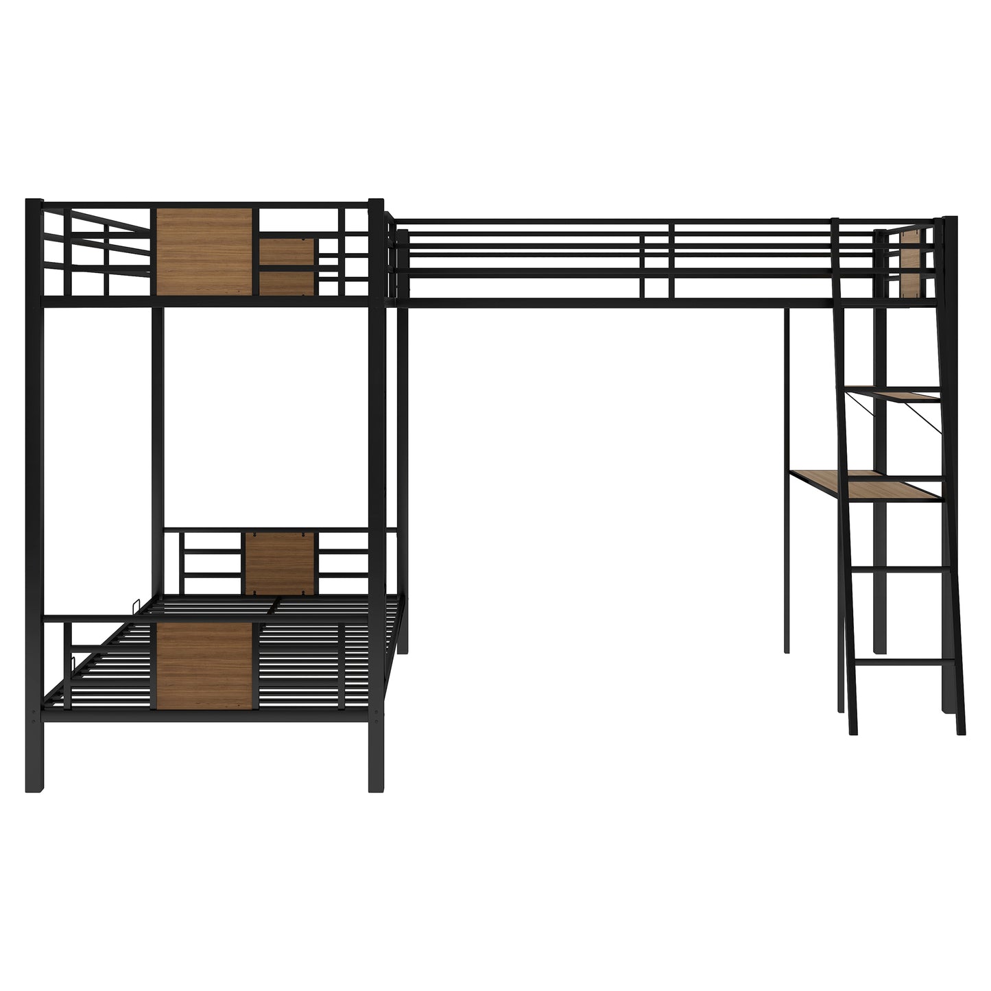 L-Shaped Bunk Bed and Loft Bed Set with Desk and Shelves in Brown