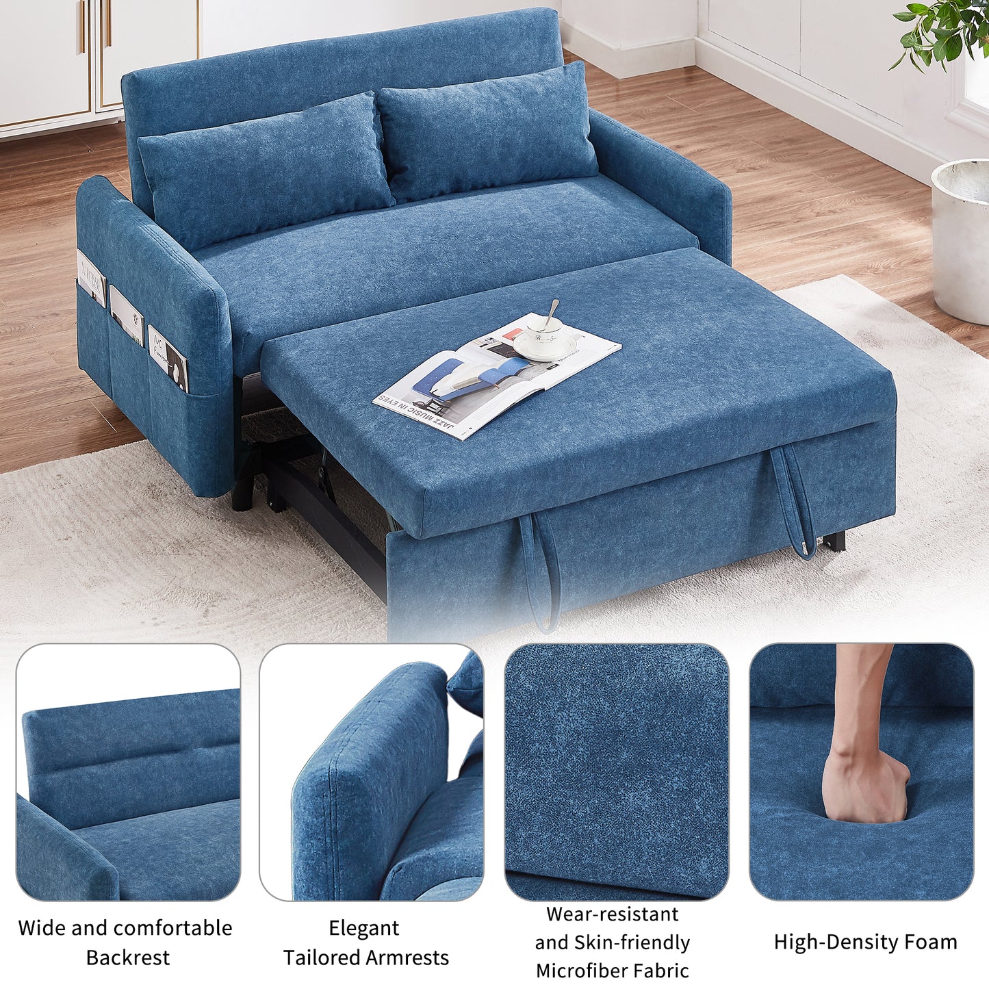 55.1 Blue Pull Out Sleeper Loveseat Sofa Bed with Adjustable Backrest and USB Ports