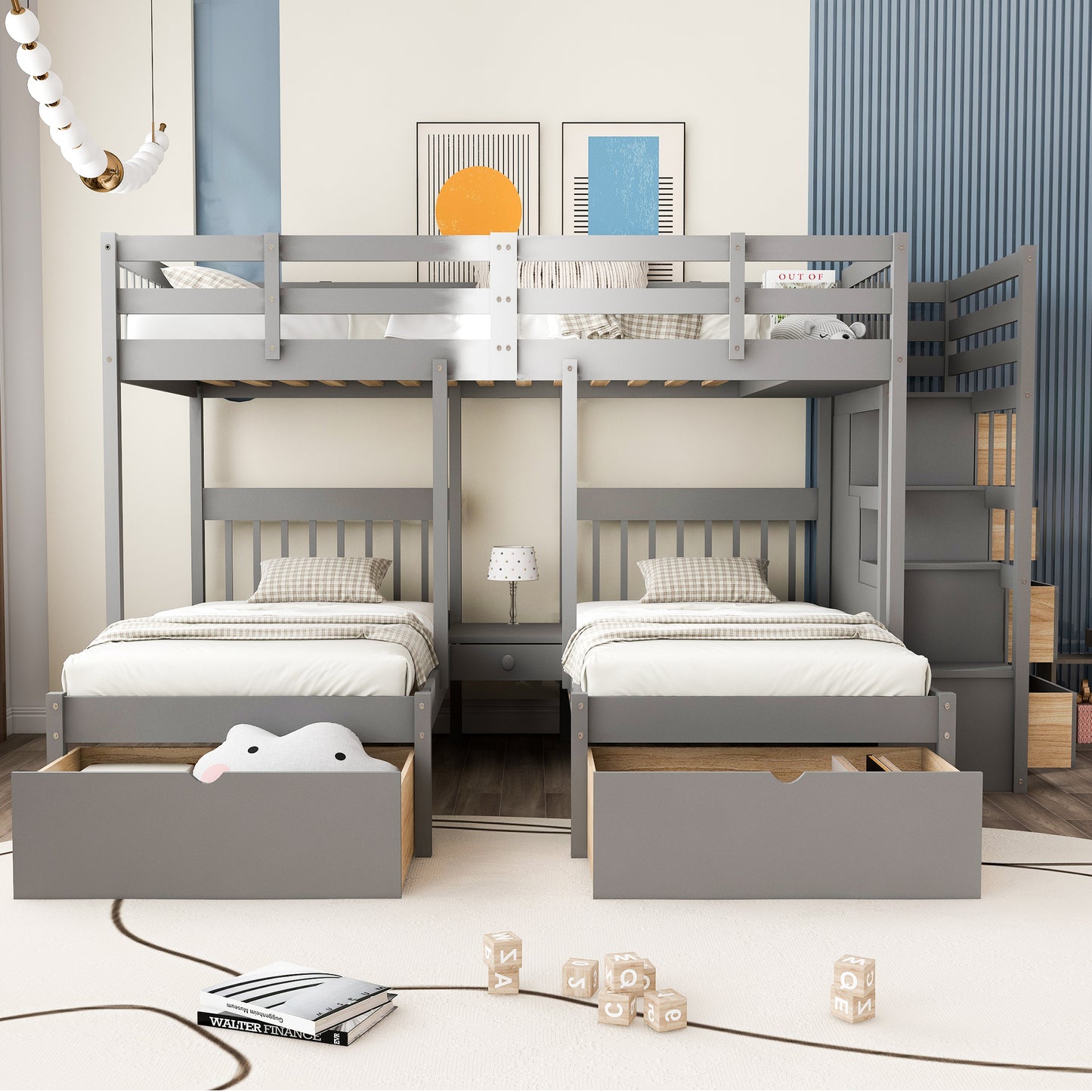 Triple Bunk Bed with Storage Drawers - Space-Saving Gray Design