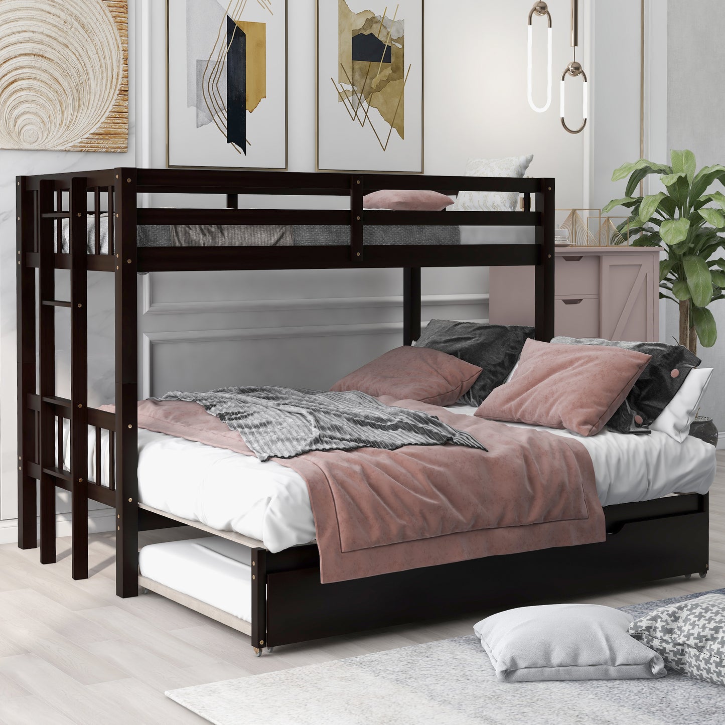 Compact Espresso Bunk Bed with Trundle and Pull-out Sleep Options