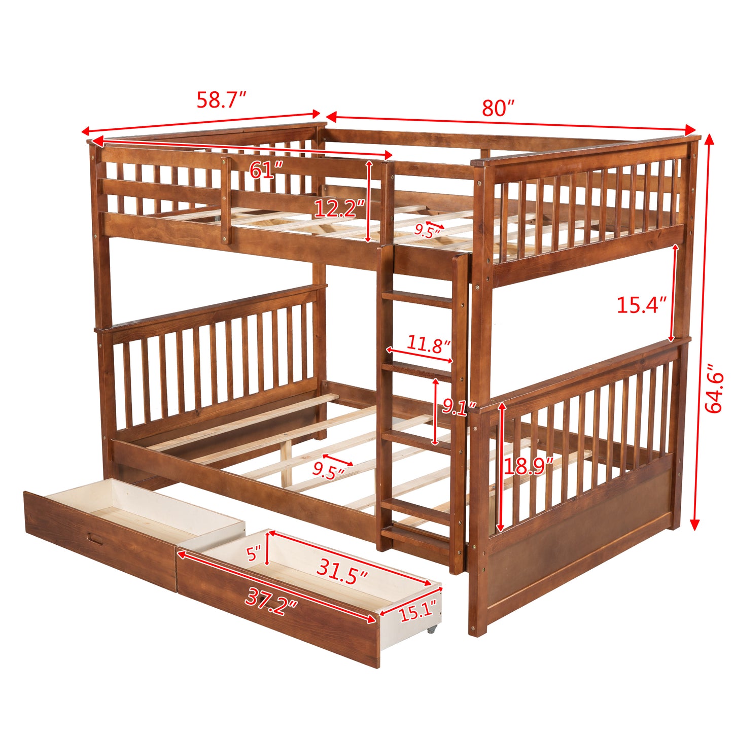 Full-Over-Full Walnut Bunk Bed with Two Storage Drawers and Ladder