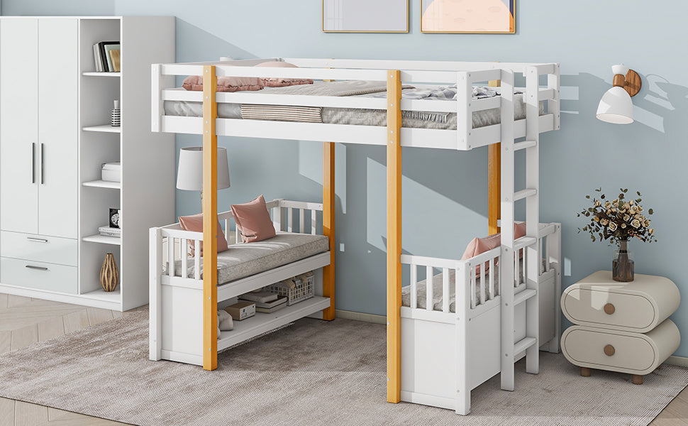 Wood Twin Size Loft Bed with 2 Seats and a Ladder, White