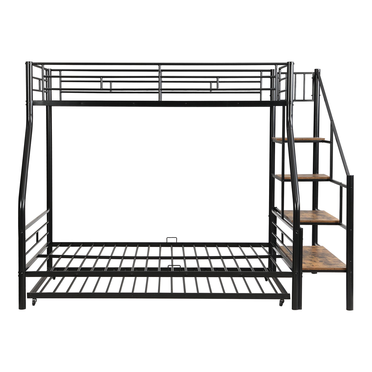 Black Metal Bunk Bed with Storage Staircase and Trundle - Twin over Full Size