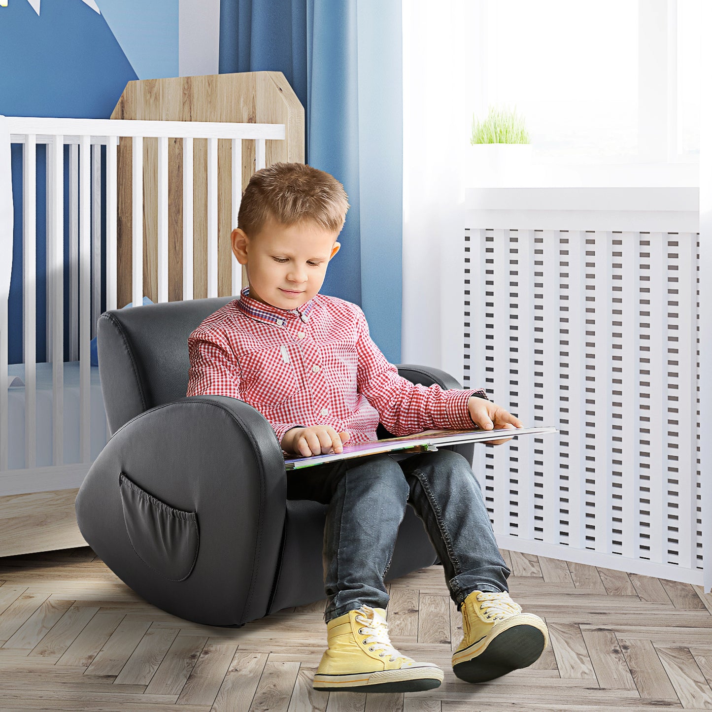 Qaba Kids Sofa Rocking Chair with Side Pocket, PU Leather Toddler Armchair for Children Grey