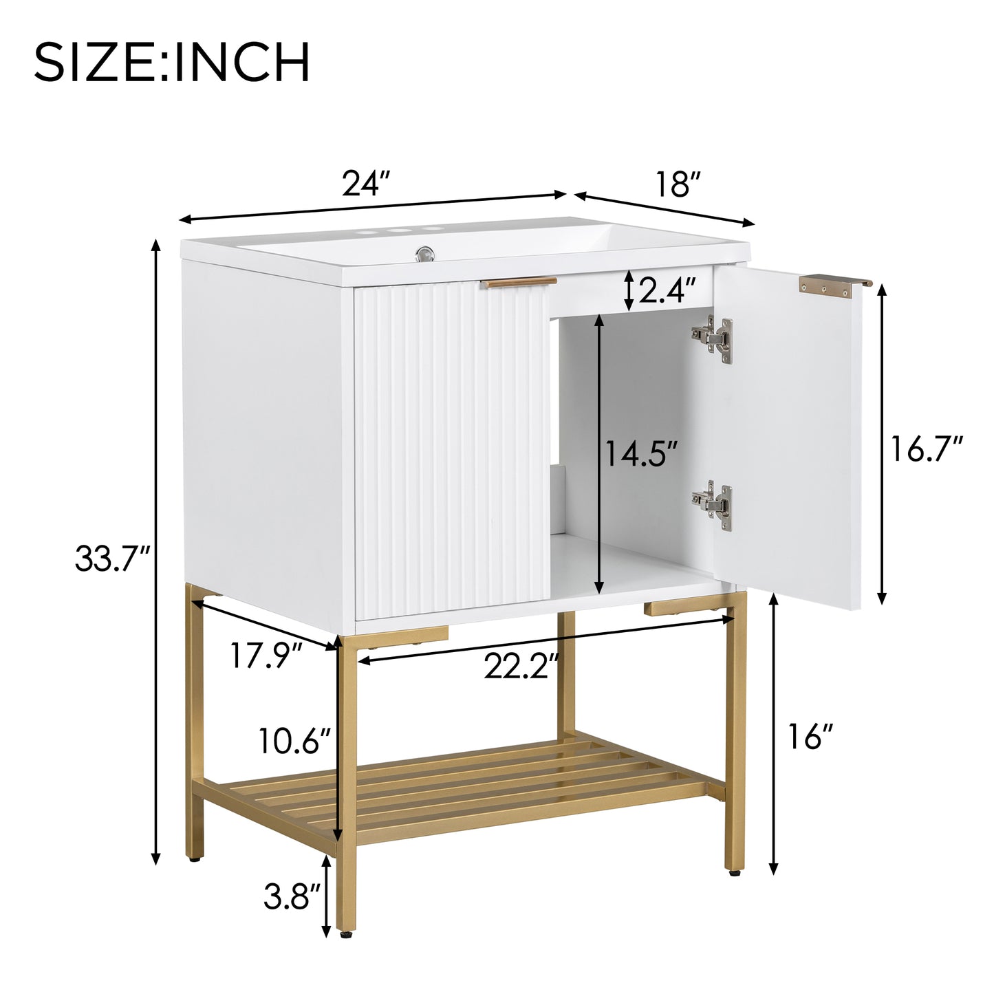 24" Bathroom Vanity with Sink, Bathroom Vanity Cabinet with Two Doors and Gold Metal Frame, Open Storage Shelf, White