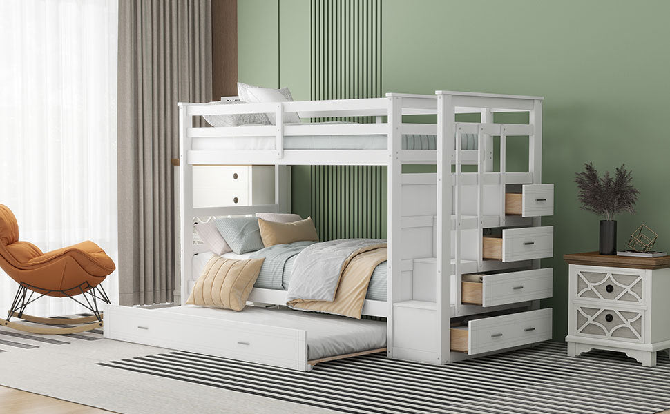 White Twin Over Twin Bunk Bed with Trundle, Staircase, and Storage Drawers