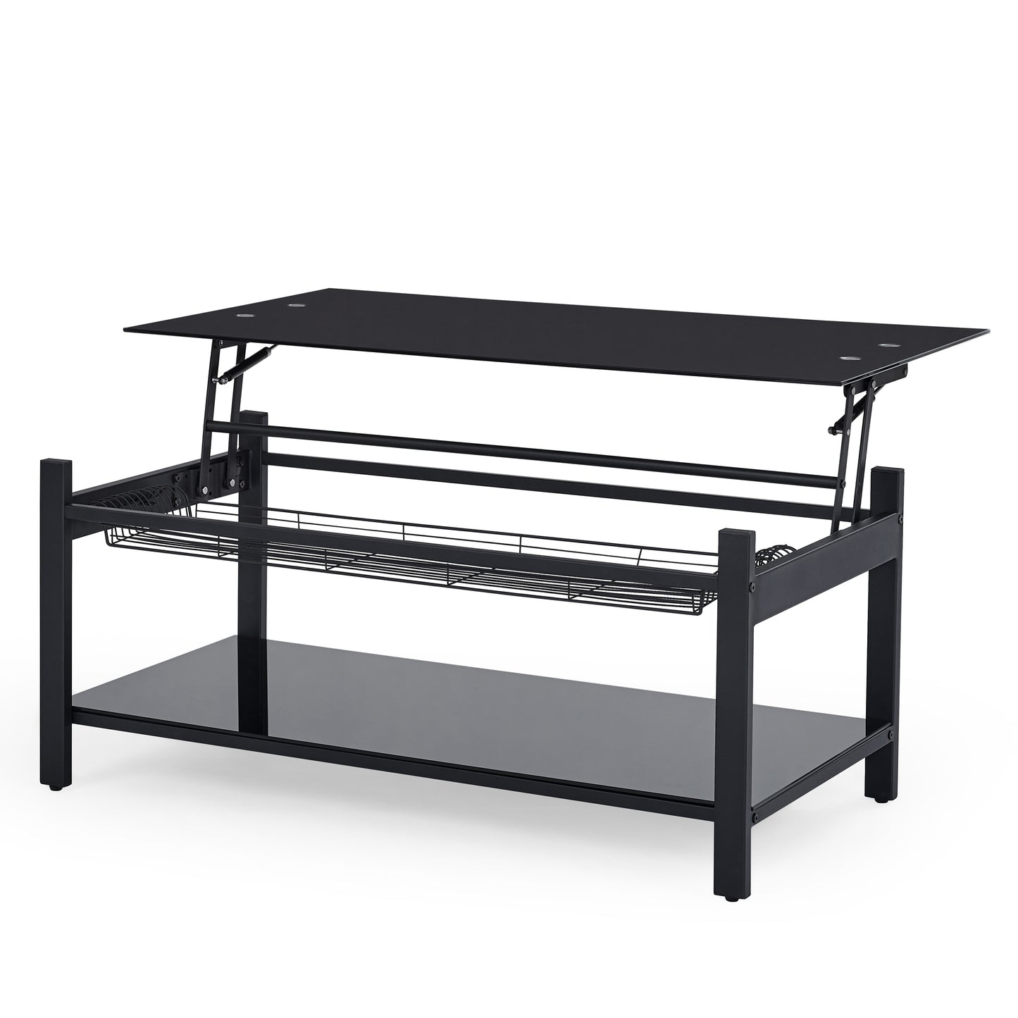 Black Lift Coffee Table with Hidden Storage Shelves and Tempered Glass Top Dining Table