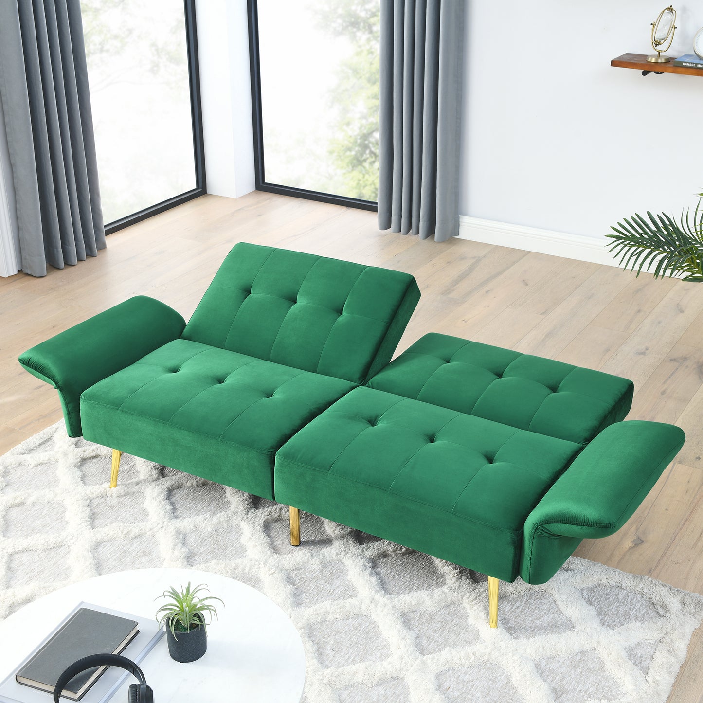 Luxurious Italian Velvet Sofa Bed with Armrest Storage, Green 280g Velvet