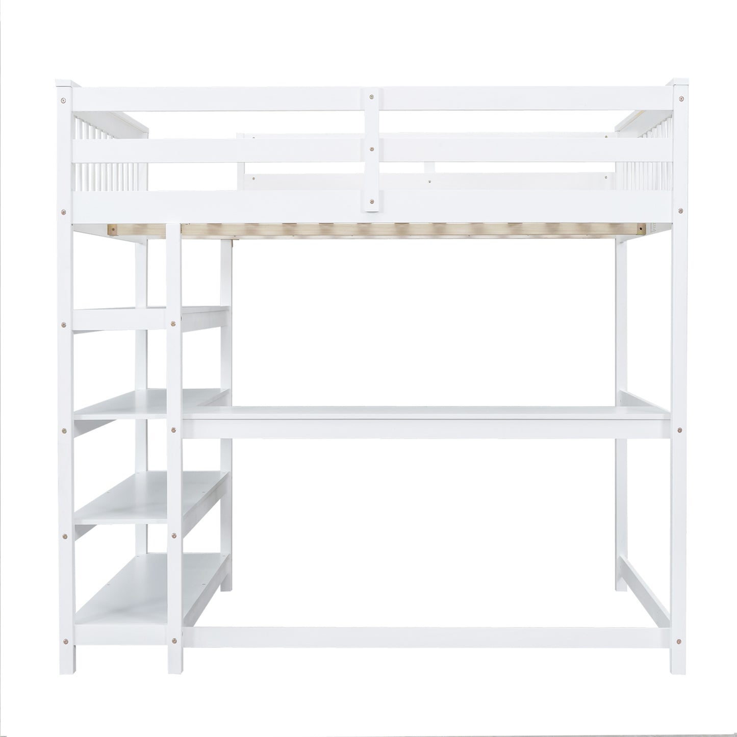 Full Size Loft Bed with Storage Shelves and Under-bed Desk, White