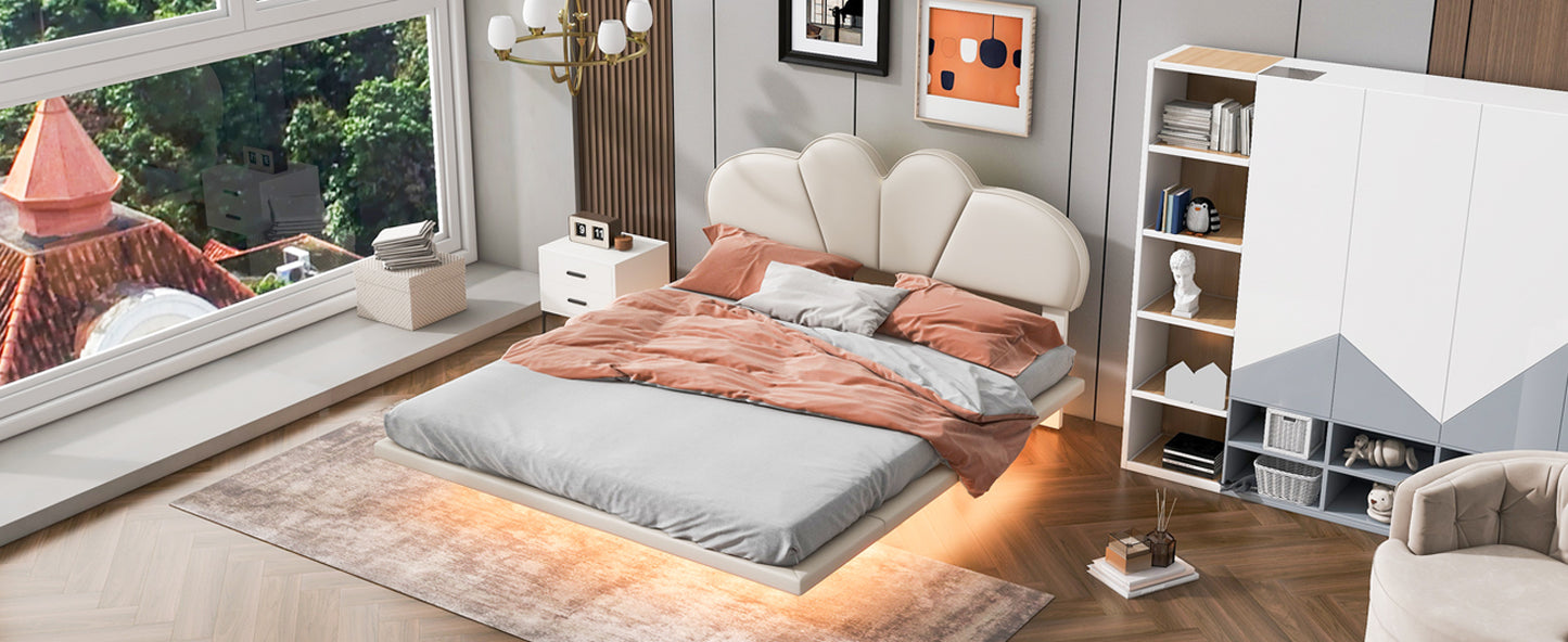 Full Size Upholstery LED Floating Bed with PU Leather Headboard and Support Legs,Beige