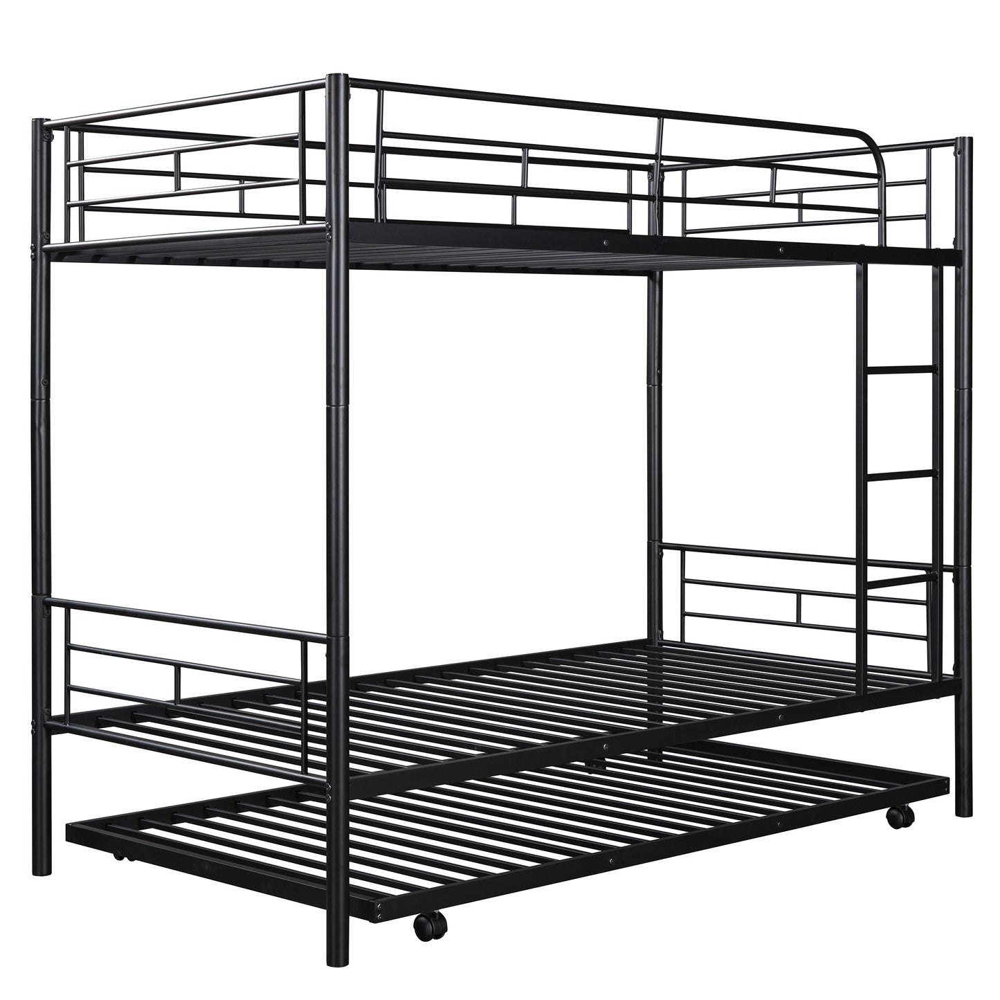 Metal Bunk Bed with Twin Trundle, Convertible Twin-Over-Twin, Black