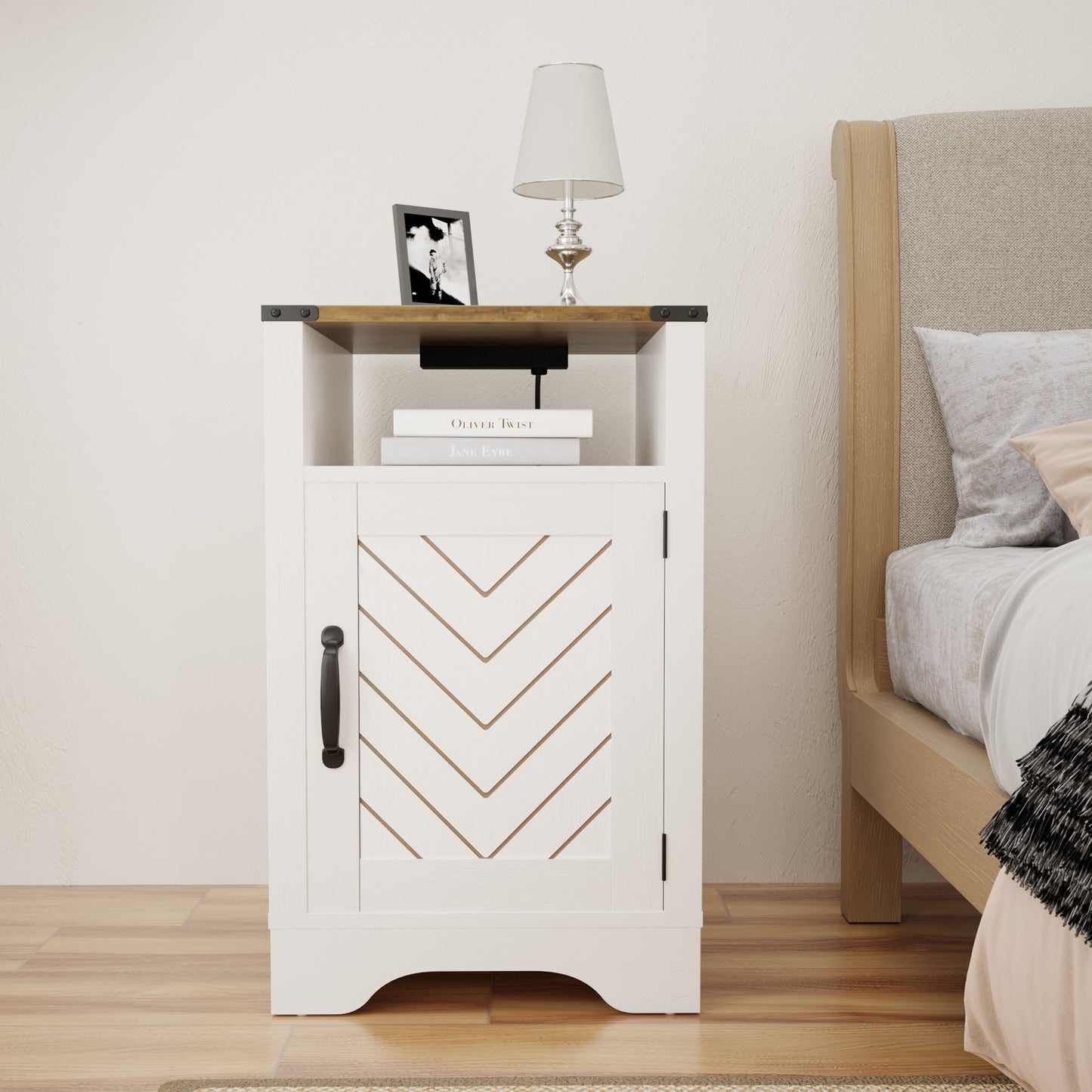 Farmhouse Nightstand Side Table, Wooden Rustic End Table, Tall Bedside Table with Electrical Outlets Charging Station  - White & Oak