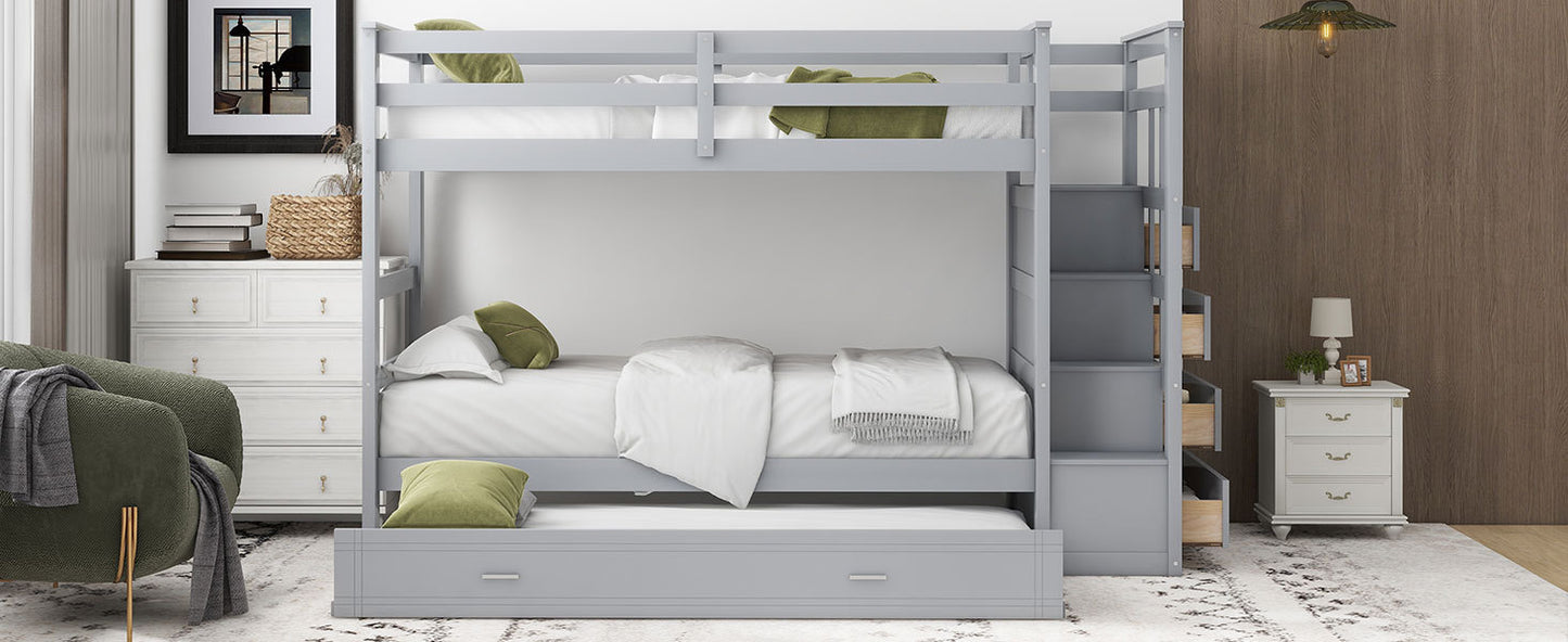 Gray Twin Bunk Bed with Trundle Staircase