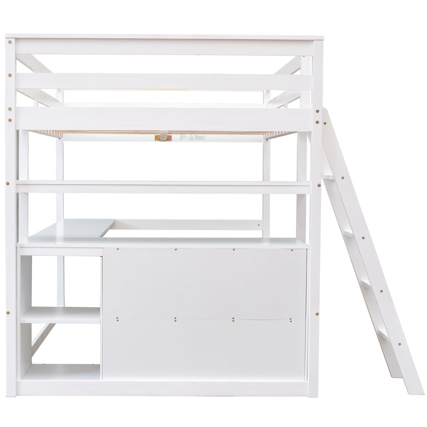 Full Size Loft Bed with Desk and Shelves,Two Built-in Drawers,White