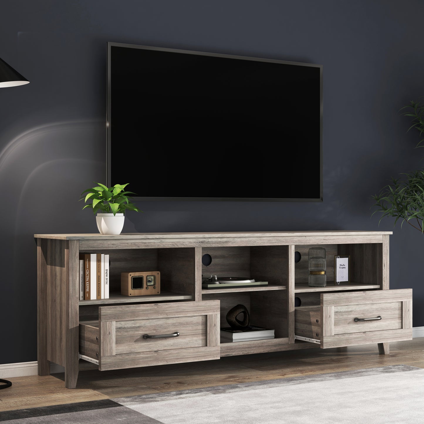 Sleek 70.08 Inch TV Stand with 2 Drawers and 4 Storage Compartments in Grey Walnut