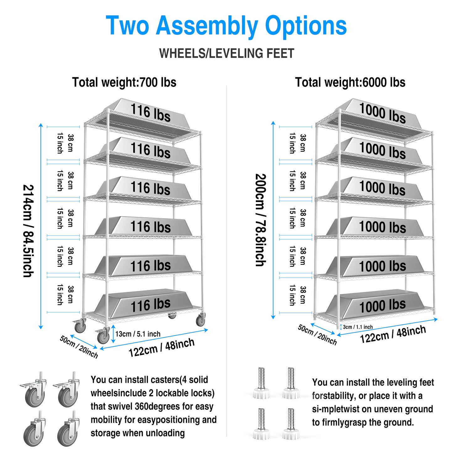 6 Tier Wire Shelving Unit, 6000 LBS NSF Height Adjustable Metal Garage Storage Shelves with Wheels, Heavy Duty Storage Wire Rack Metal Shelves - White - 204882